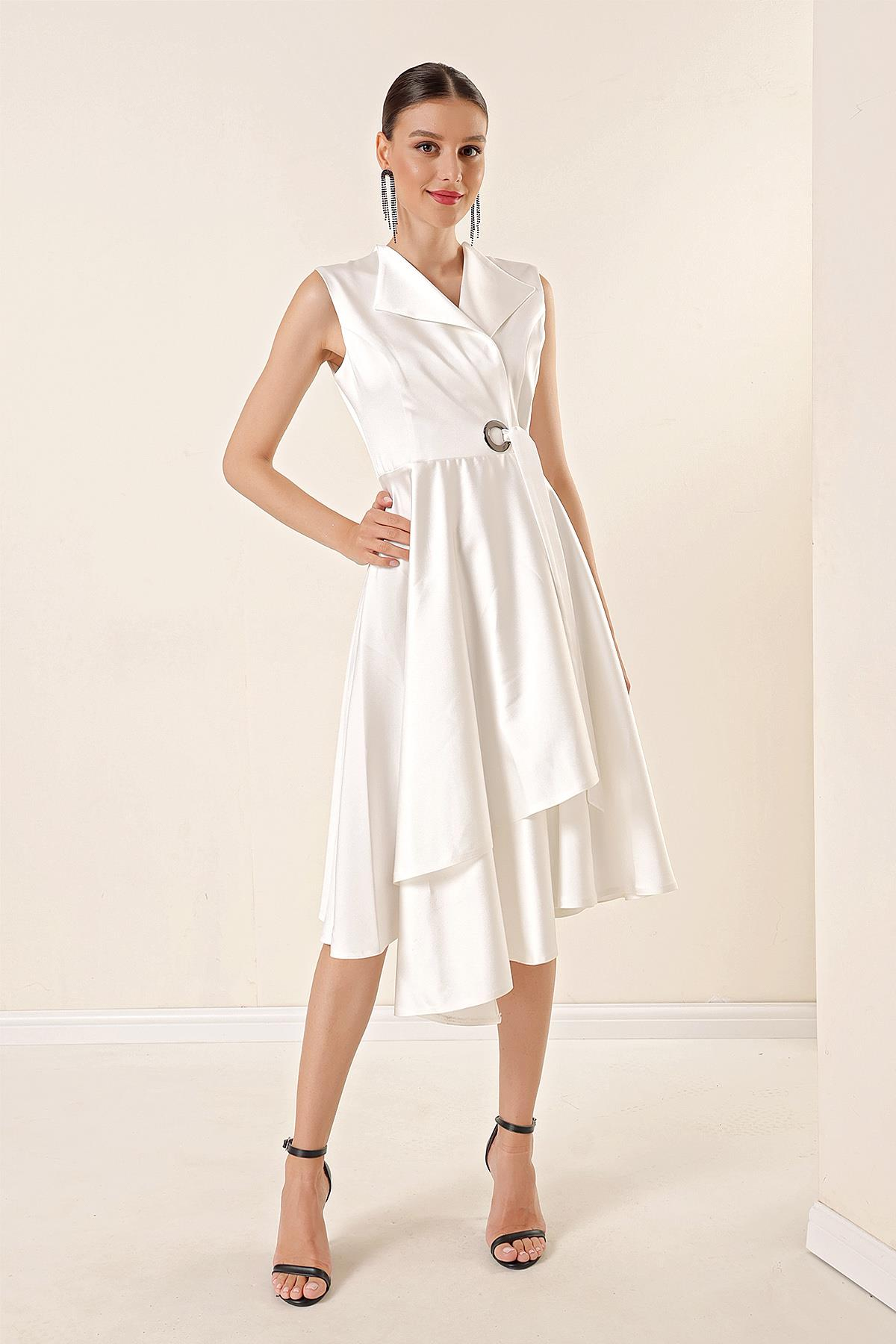 S-21K1040129Double-Breasted Satin Collar Lace Dress