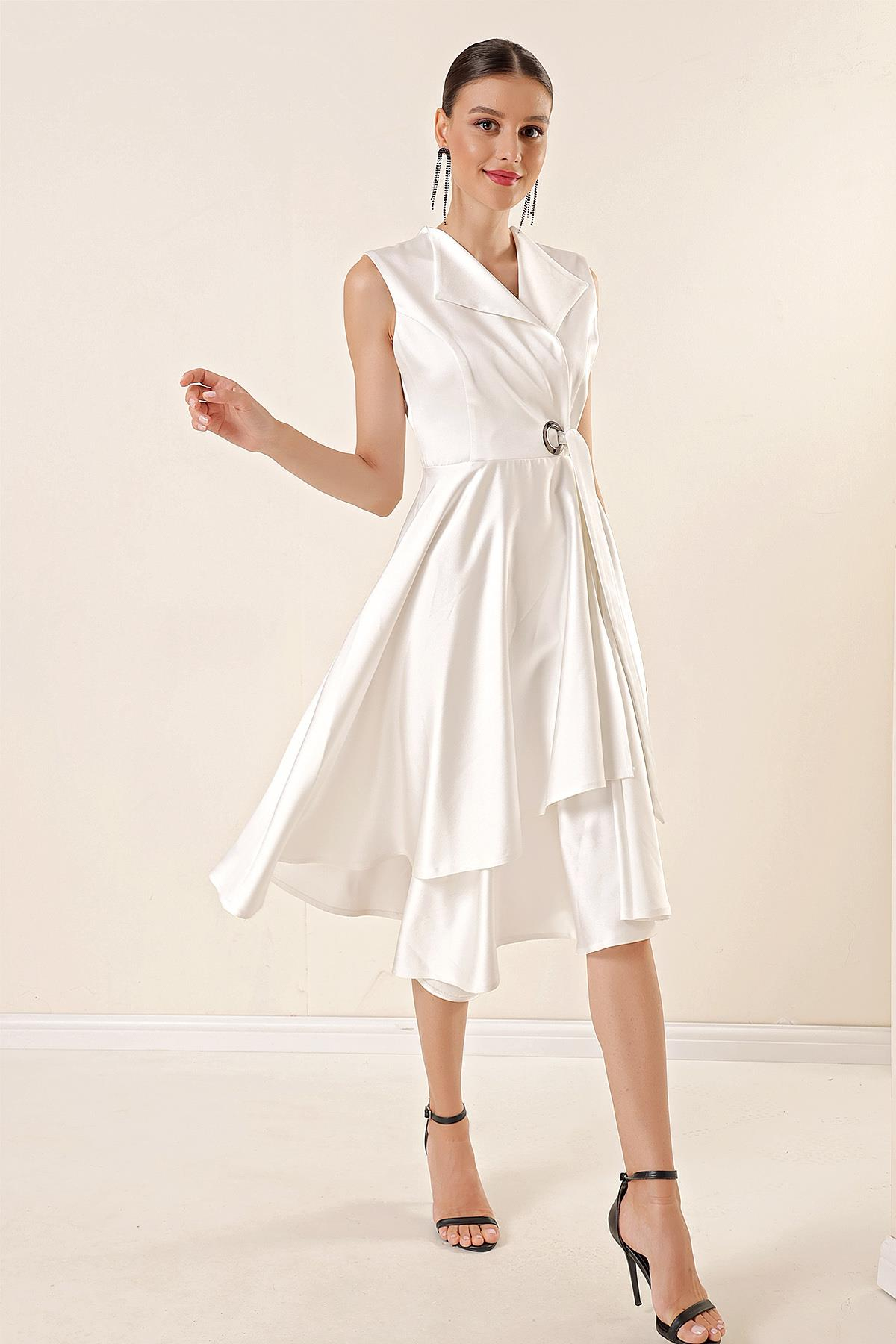 S-21K1040129Double-Breasted Satin Collar Lace Dress