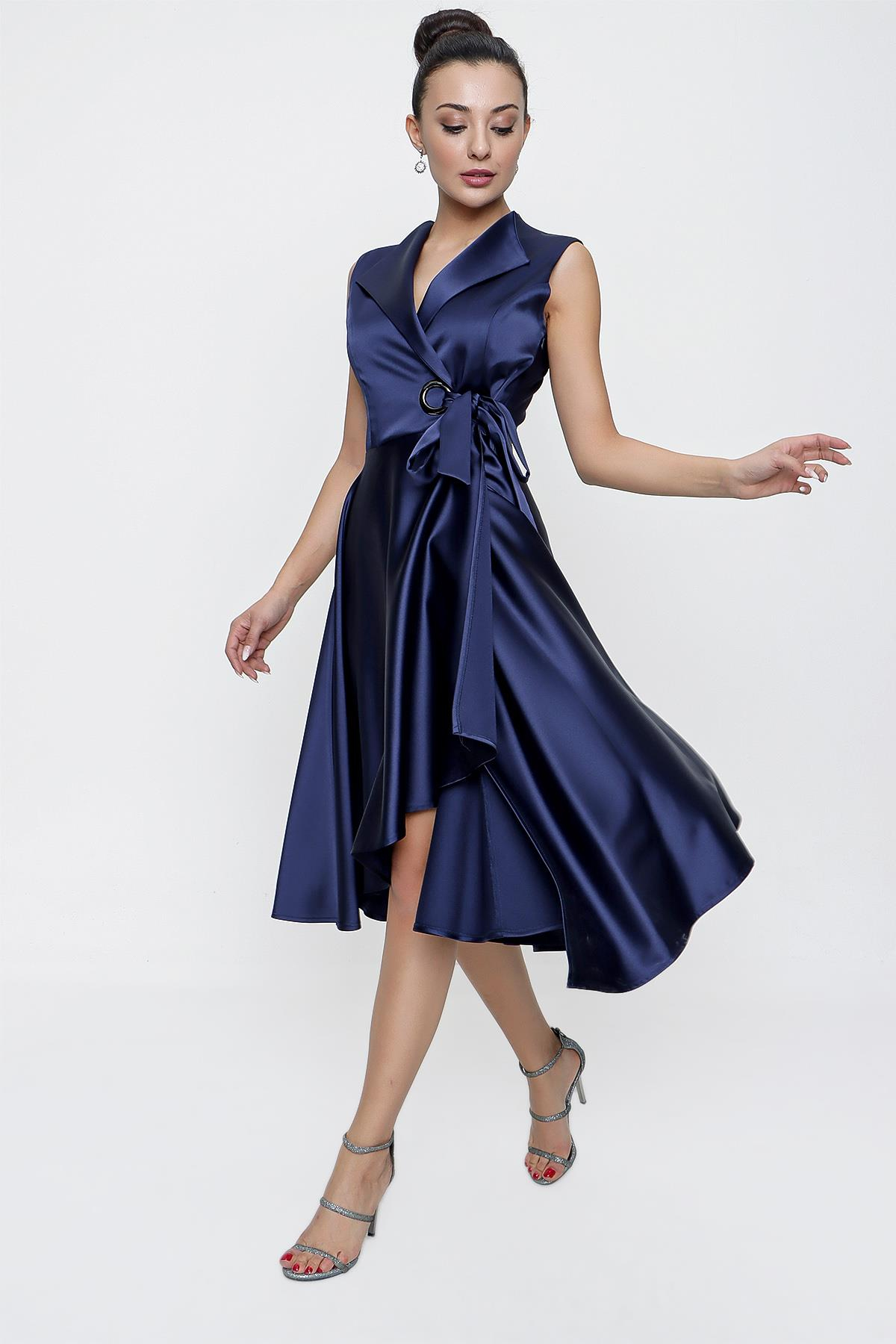 S-21K1040129Double-Breasted Satin Collar Lace Dress