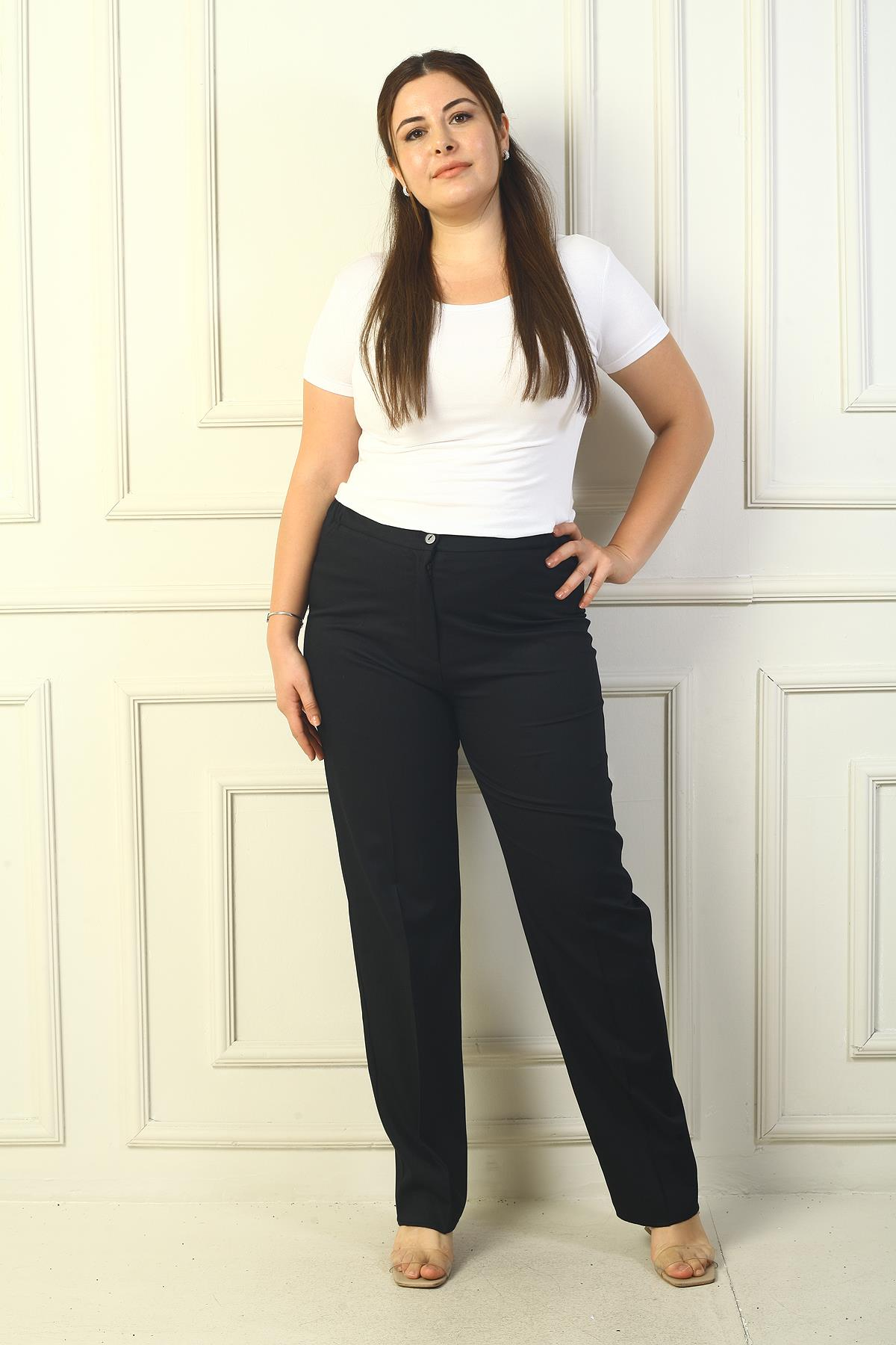 S-21K1190012Yanları Lastikli İthal Krep Büyük Beden Pantolon