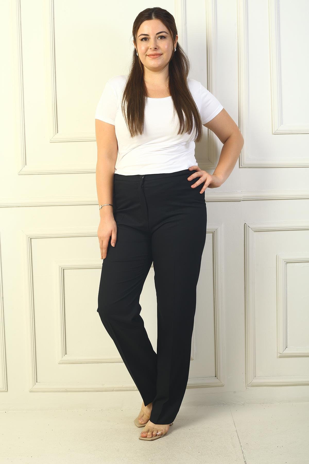 S-21K1190012Yanları Lastikli İthal Krep Büyük Beden Pantolon