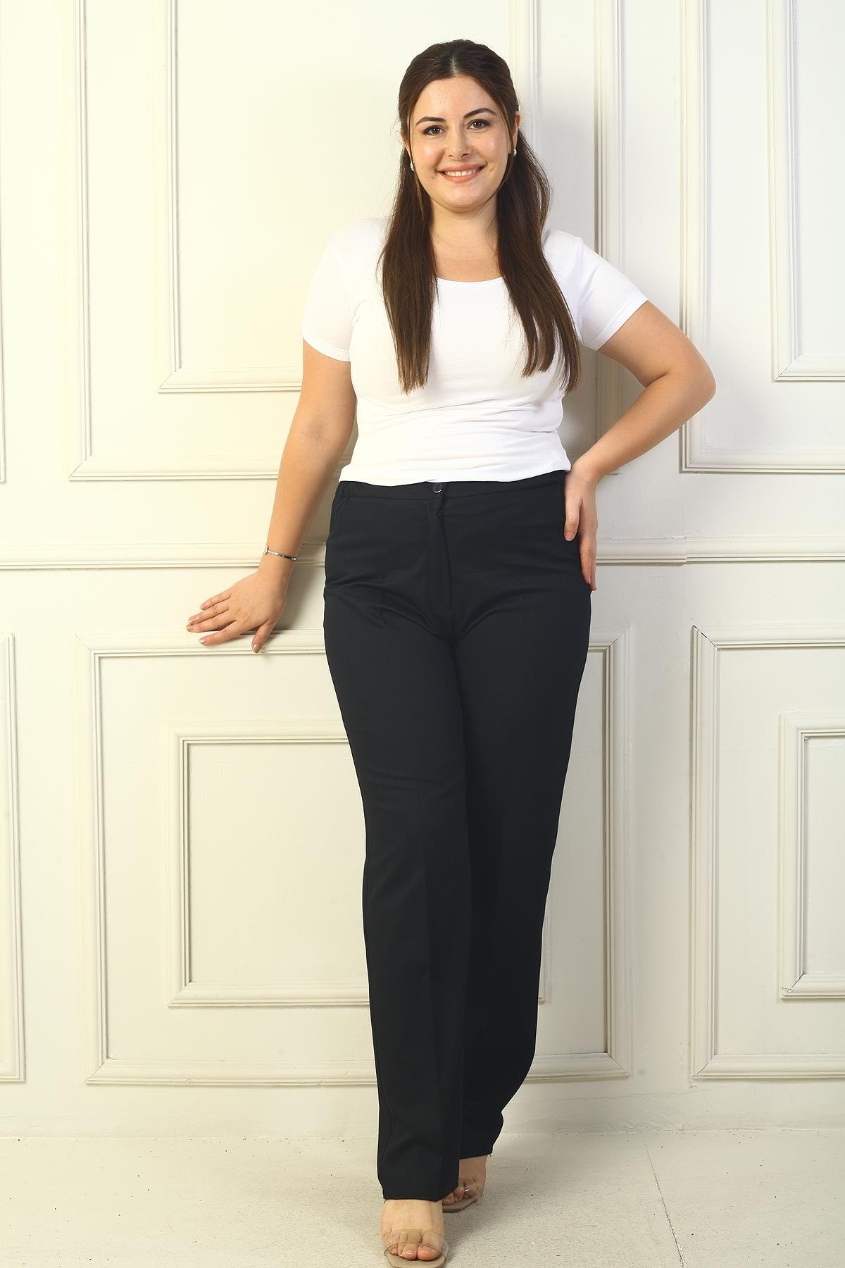 S-21K1190012Yanları Lastikli İthal Krep Büyük Beden Pantolon