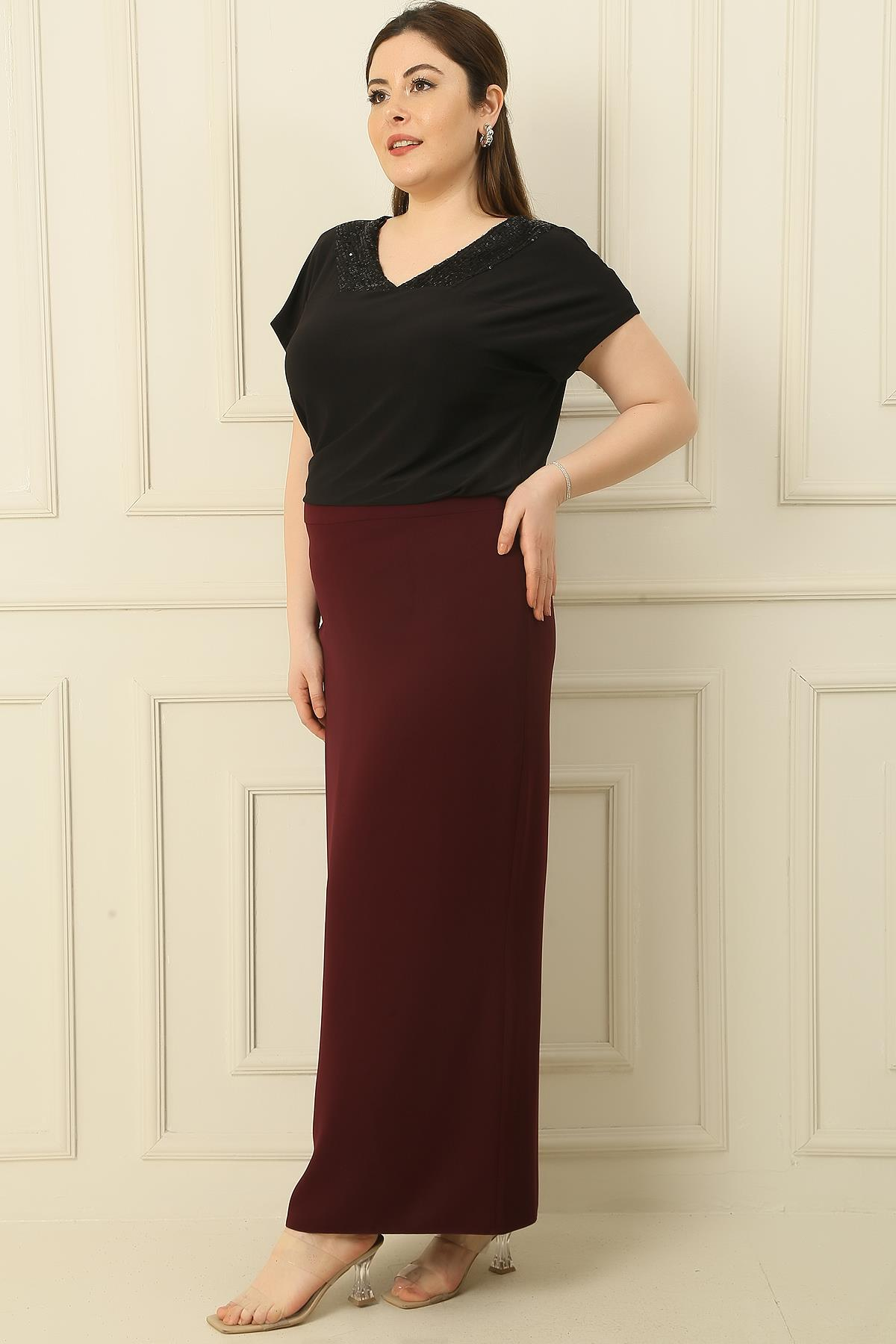 S-21K1190040Astarlı Büyük Beden İthal Krep Uzun Etek