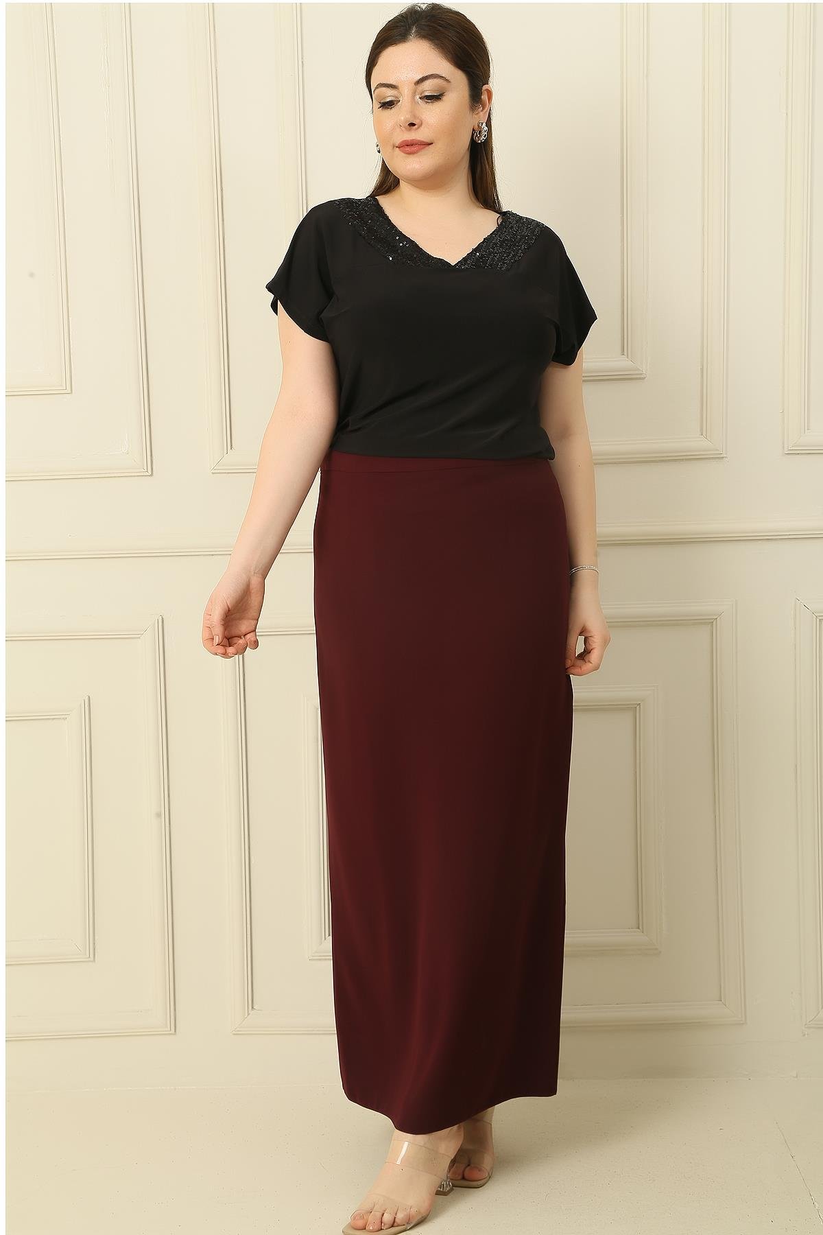 S-21K1190040Astarlı Büyük Beden İthal Krep Uzun Etek