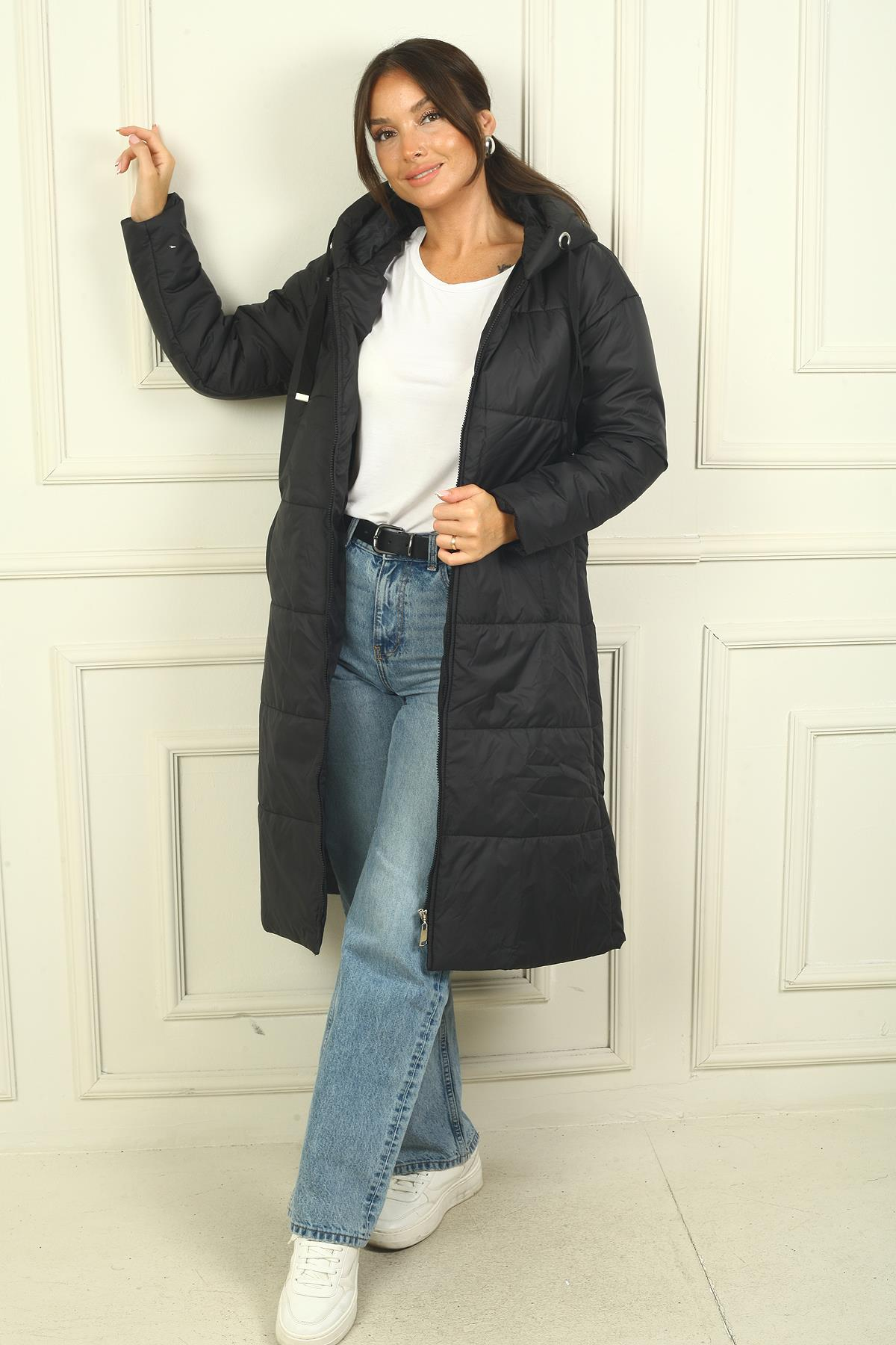 S-21K2060033Kapüşonlu İçi Astarlı Uzun Ovrsize Şişme Kaban