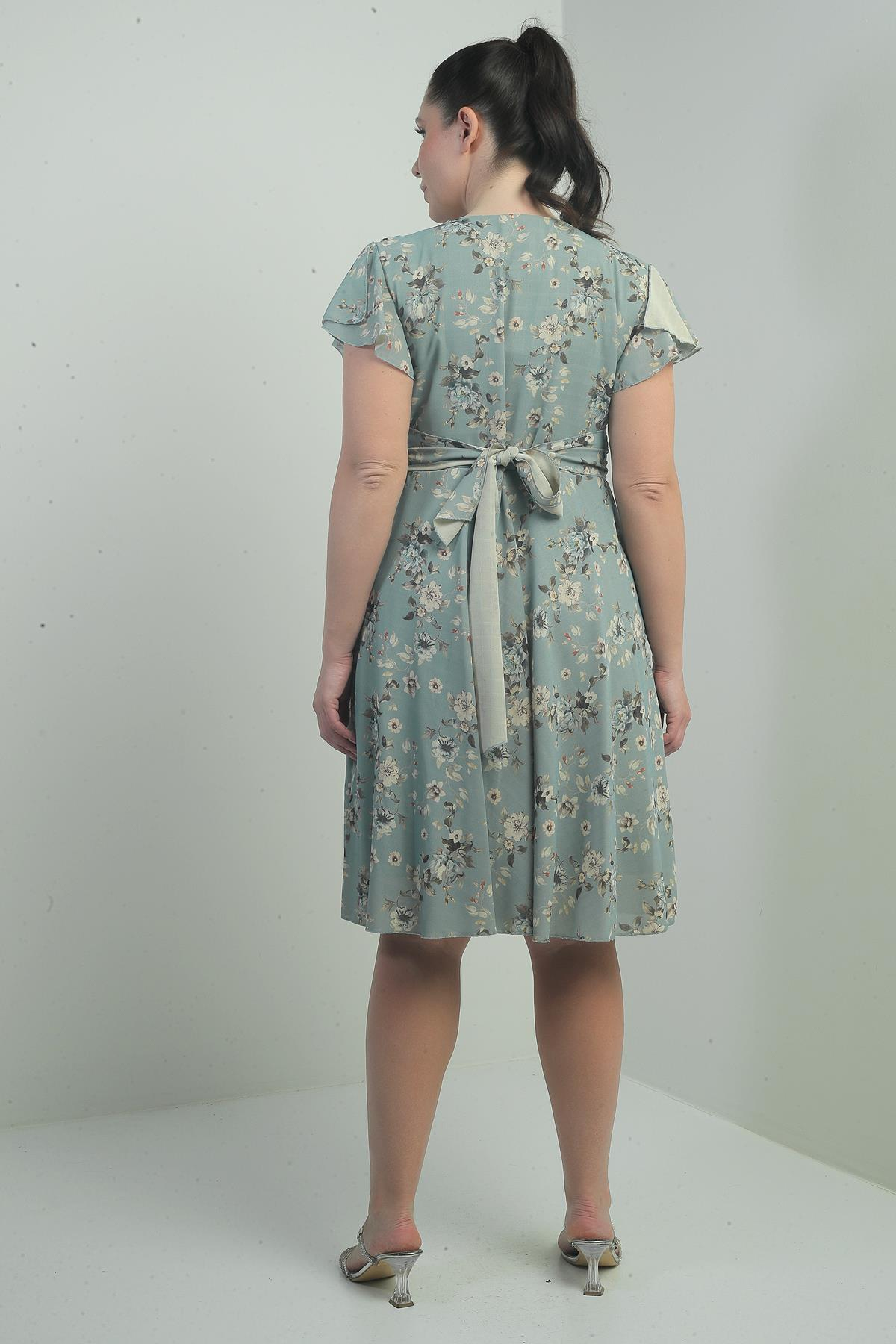 S-21K2580002Double Breasted Collar Sleeve Flounce Lined Plus Size Printed Linen Dress