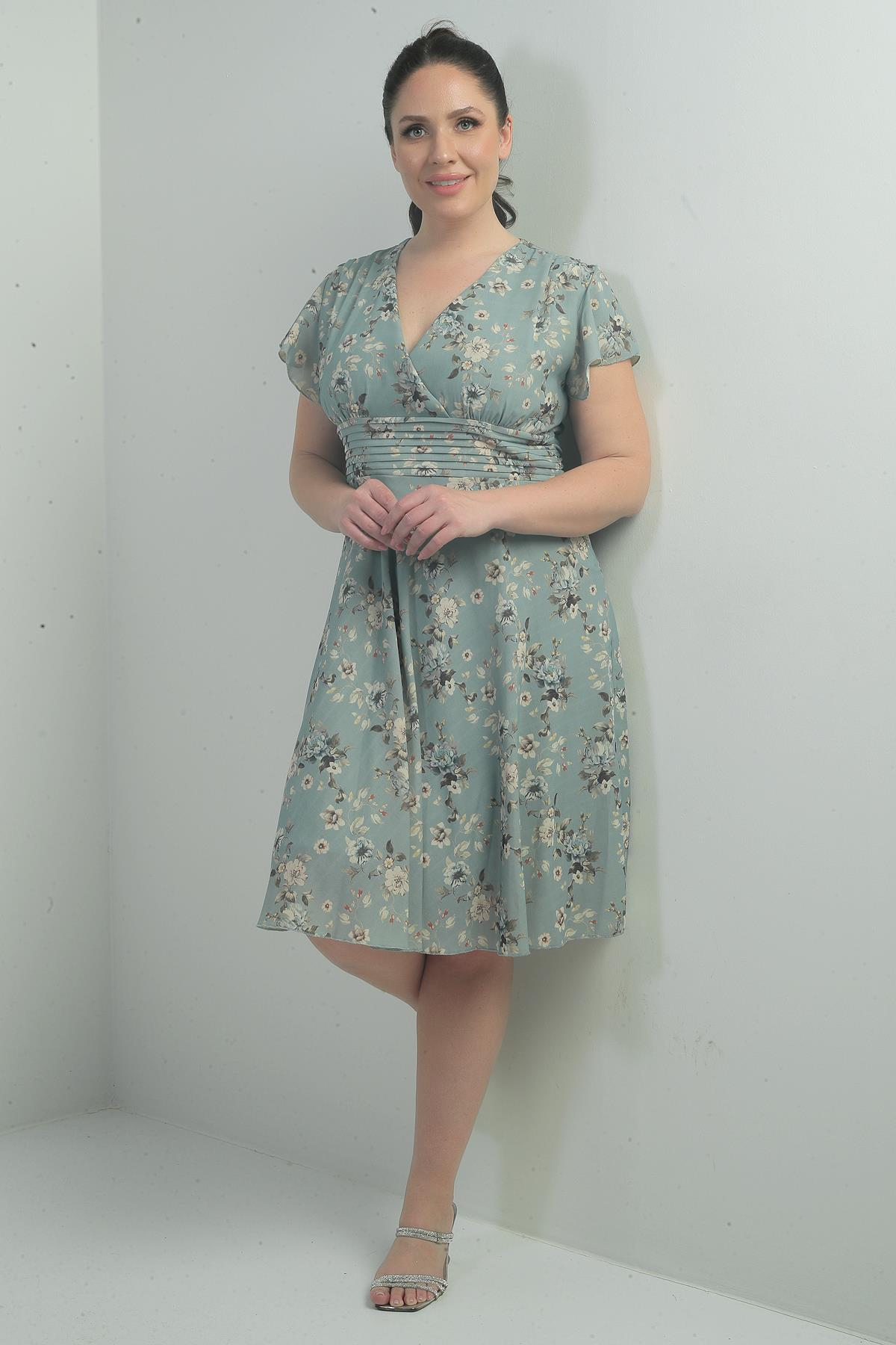 S-21K2580002Double Breasted Collar Sleeve Flounce Lined Plus Size Printed Linen Dress