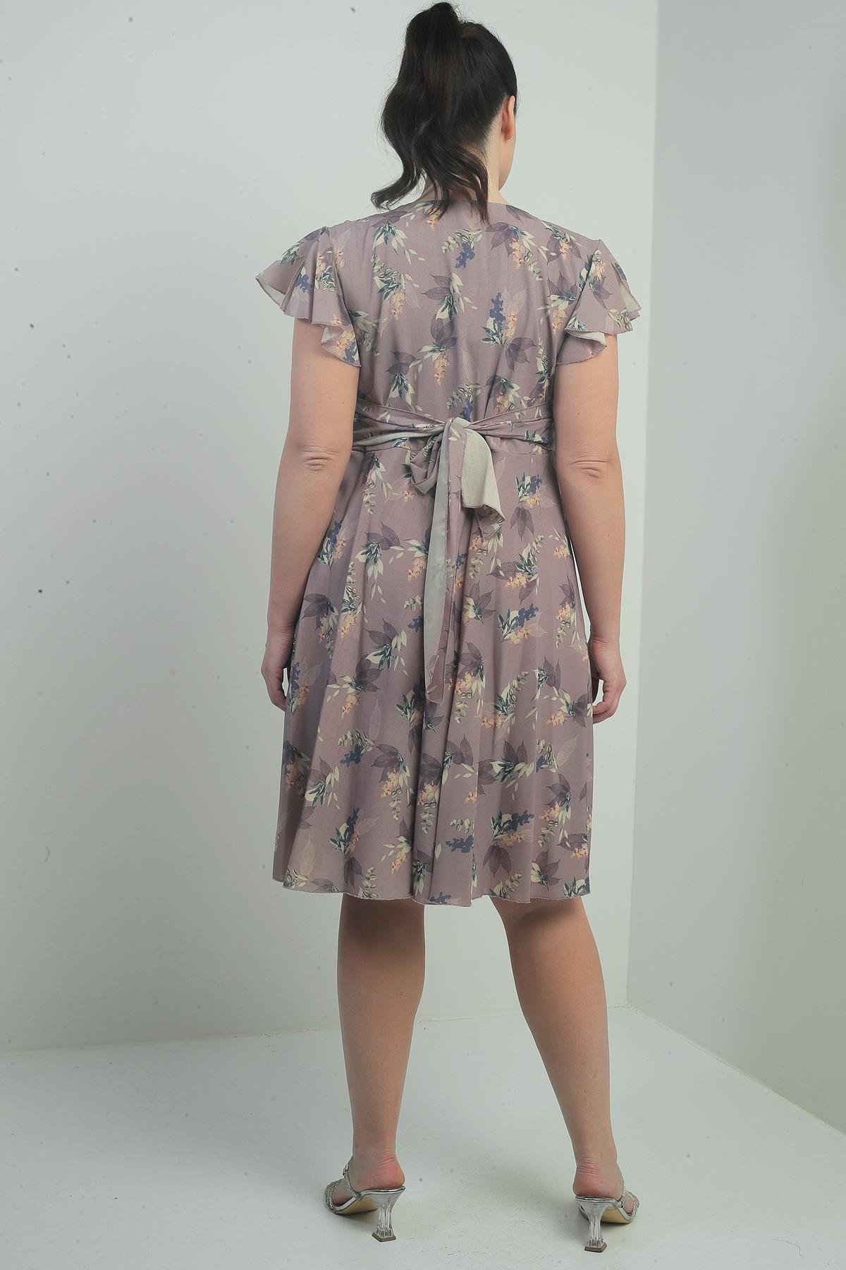 S-21K2580002Double Breasted Collar Sleeve Flounce Lined Plus Size Printed Linen Dress