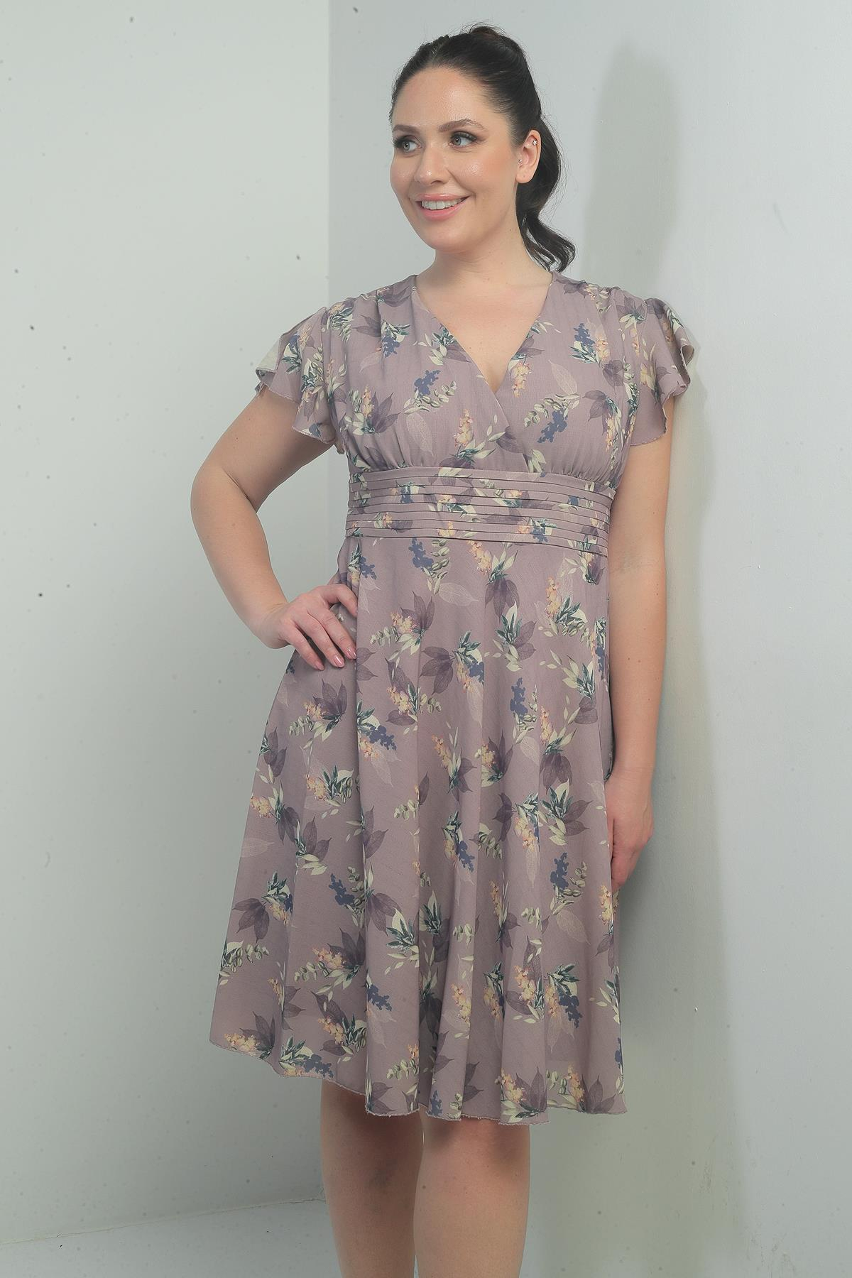 S-21K2580002Double Breasted Collar Sleeve Flounce Lined Plus Size Printed Linen Dress