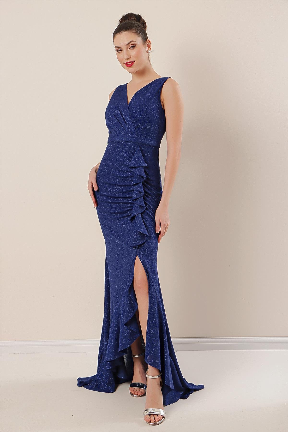 S-21K3630002Kruvaze Yaka Önü Volanlı Balık Elbise