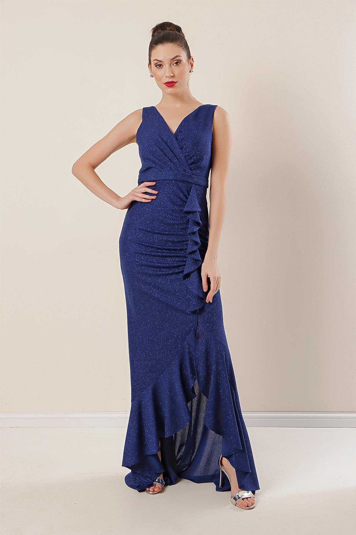 S-21K3630002Kruvaze Yaka Önü Volanlı Balık Elbise