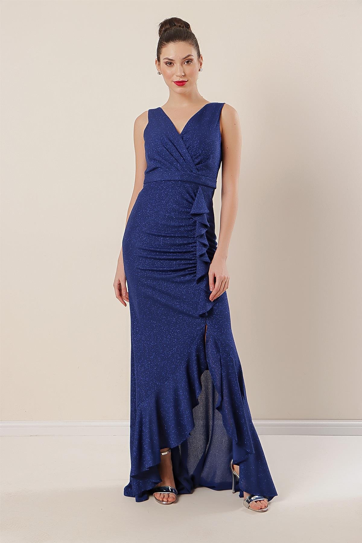 S-21K3630002Kruvaze Yaka Önü Volanlı Balık Elbise