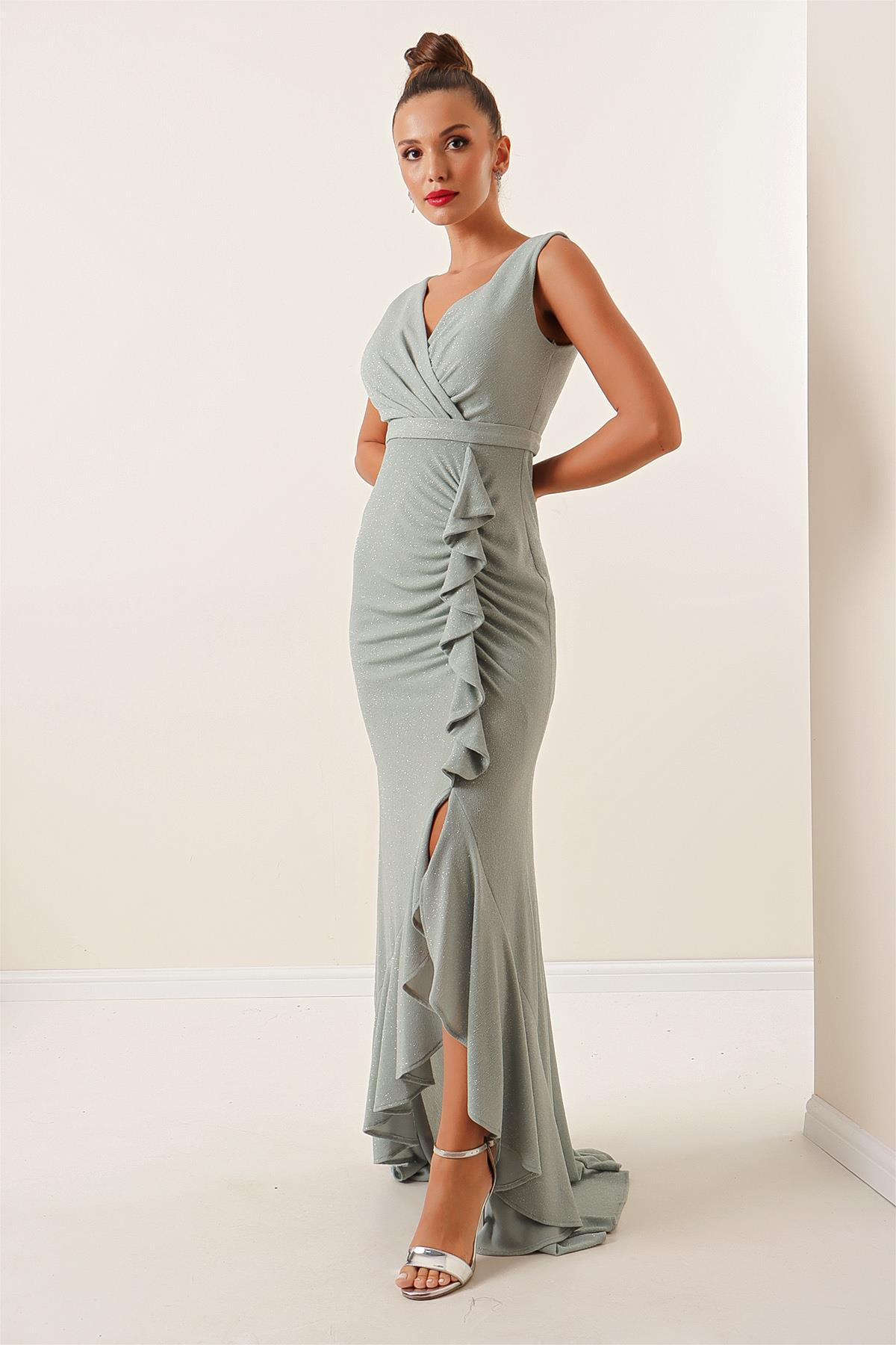 S-21K3630002Kruvaze Yaka Önü Volanlı Balık Elbise