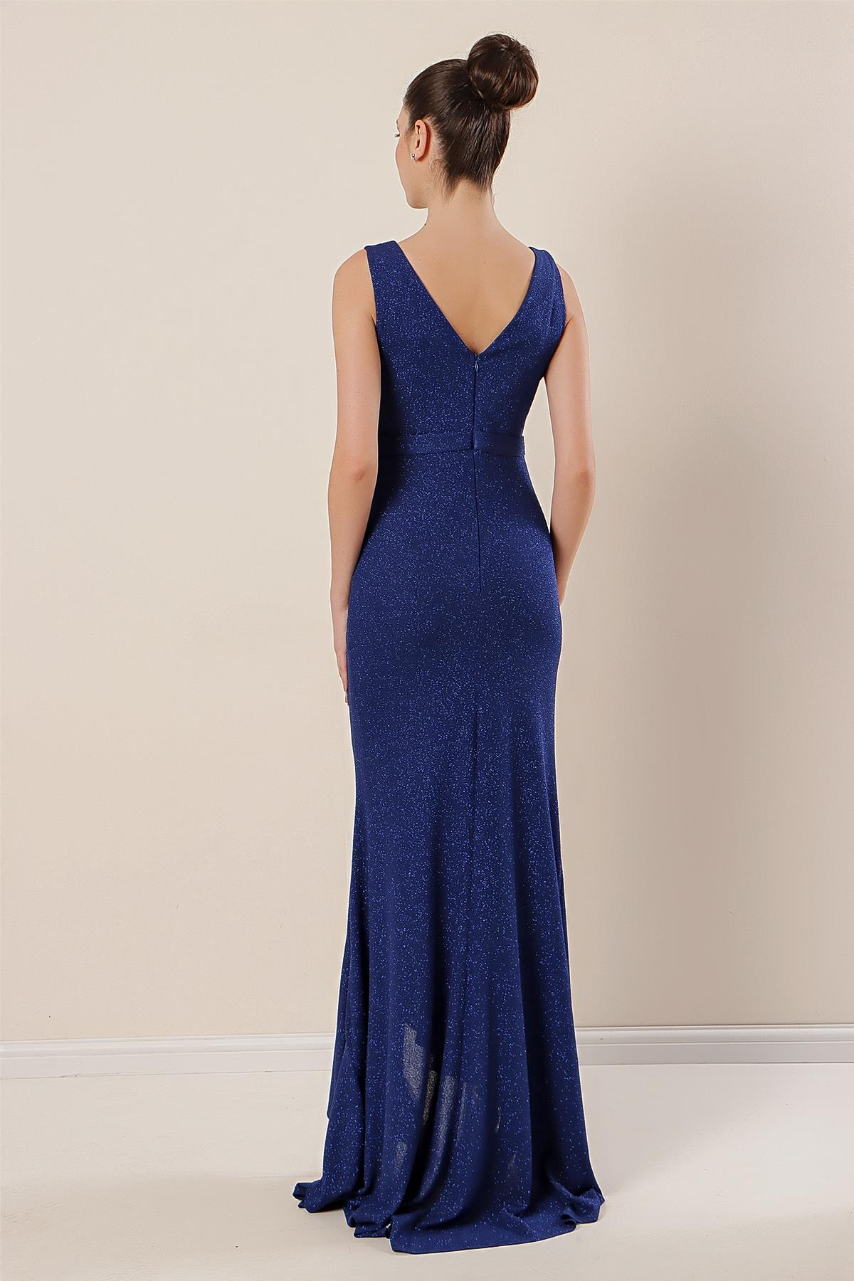 S-21K3630002Kruvaze Yaka Önü Volanlı Balık Elbise