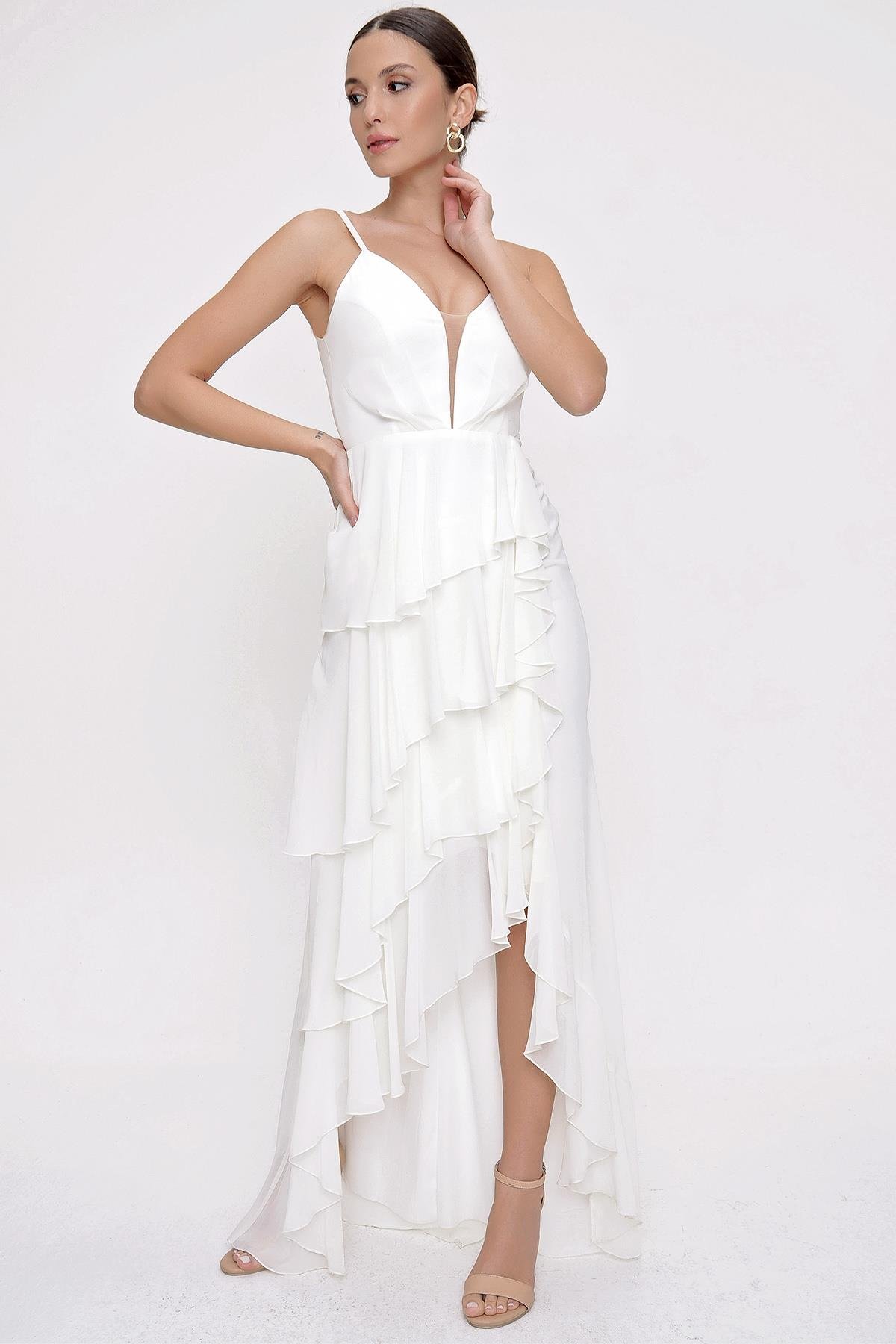 S-21K3800004İp Askılı Kat Kat Volanlı Astarlı Şifon Uzun Elbise