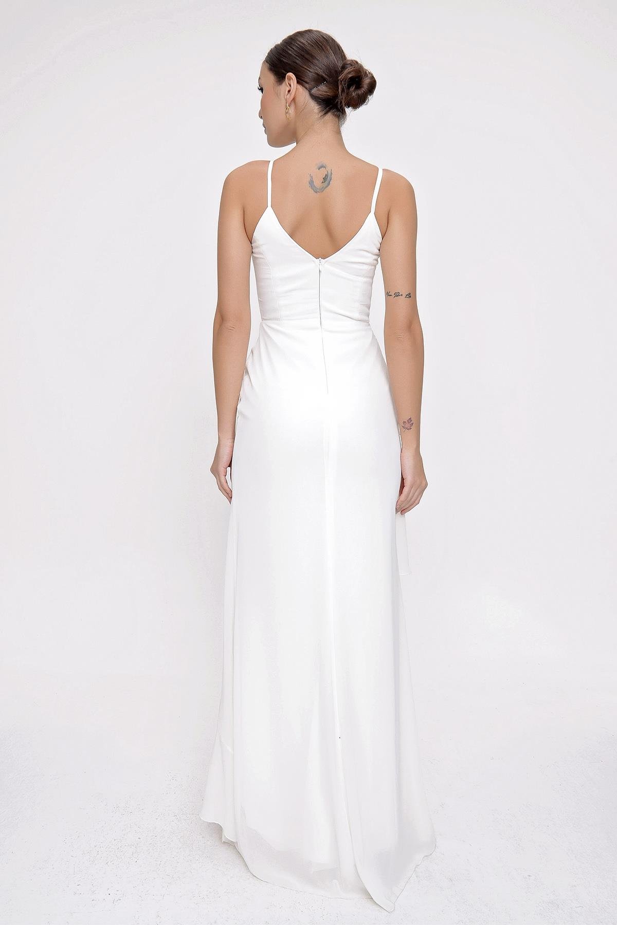 S-21K3800004İp Askılı Kat Kat Volanlı Astarlı Şifon Uzun Elbise