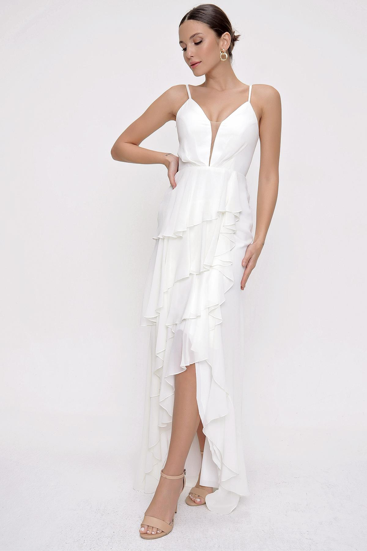 S-21K3800004İp Askılı Kat Kat Volanlı Astarlı Şifon Uzun Elbise