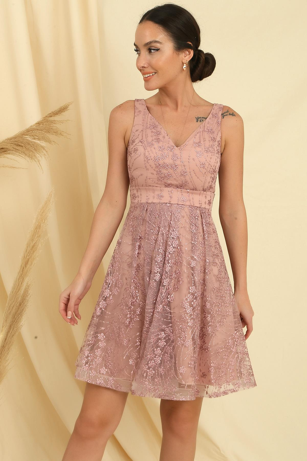 S-22K0130023V Yaka Astarlı Dantel Elbise