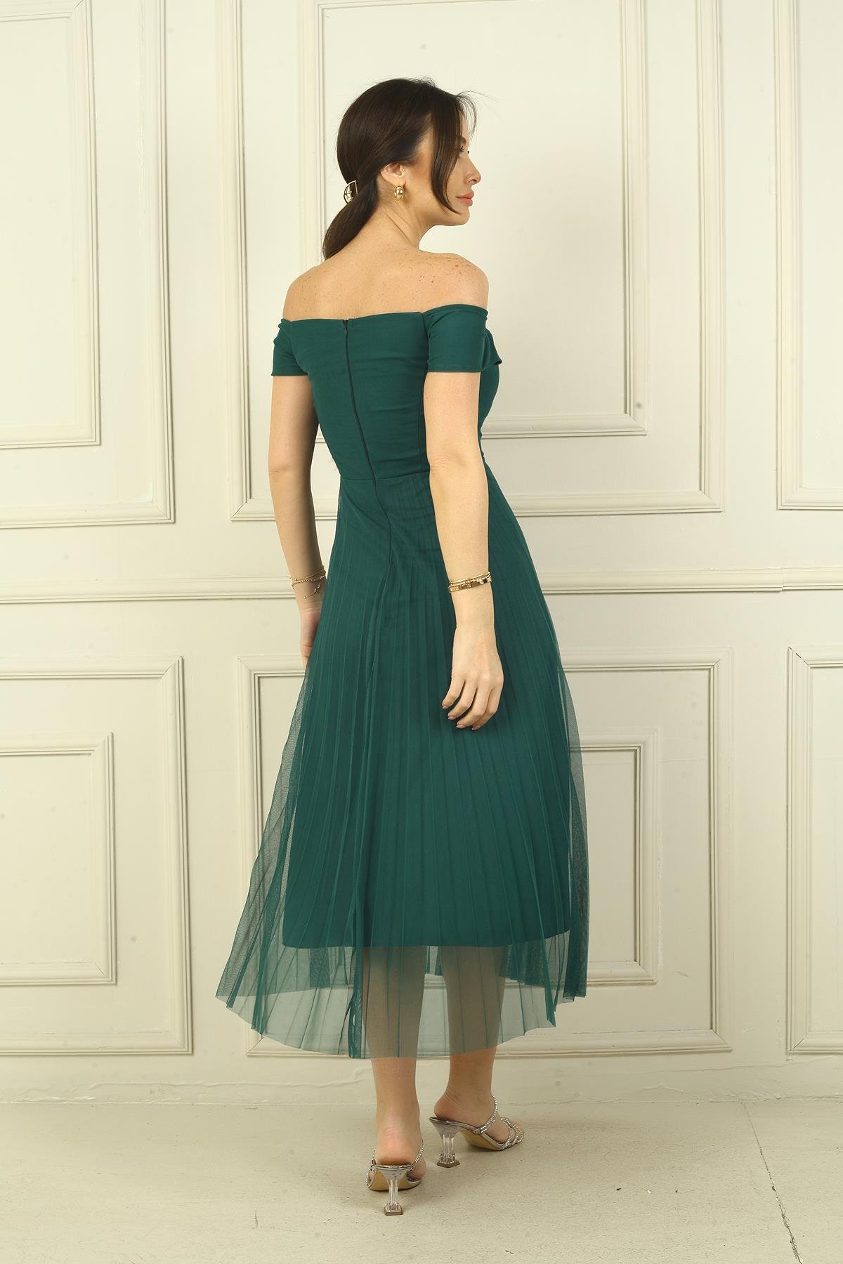 S-22K0130029Madonna Yaka Astarlı Eteği Şifon Pilisoley Elbise