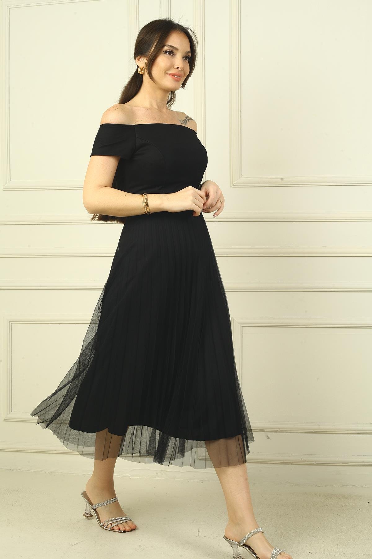 S-22K0130029Madonna Yaka Astarlı Eteği Şifon Pilisoley Elbise