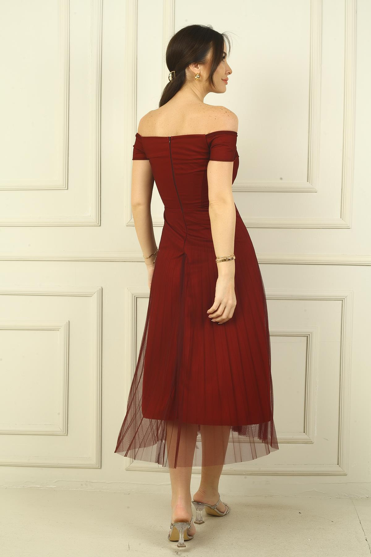 S-22K0130029Madonna Yaka Astarlı Eteği Şifon Pilisoley Elbise