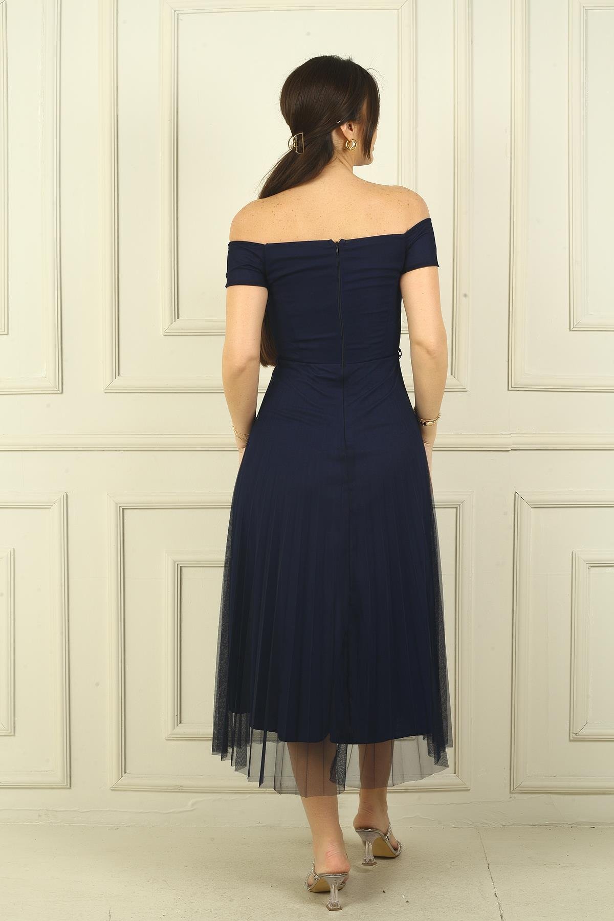 S-22K0130029Madonna Yaka Astarlı Eteği Şifon Pilisoley Elbise