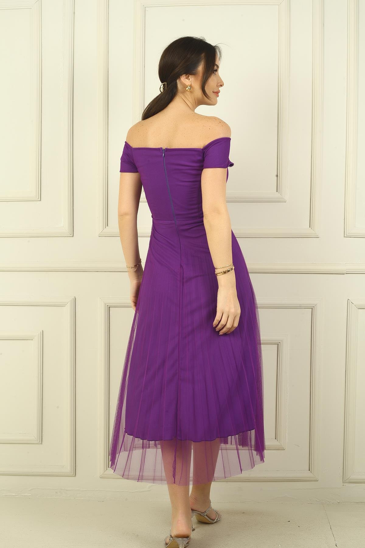 S-22K0130029Madonna Yaka Astarlı Eteği Şifon Pilisoley Elbise