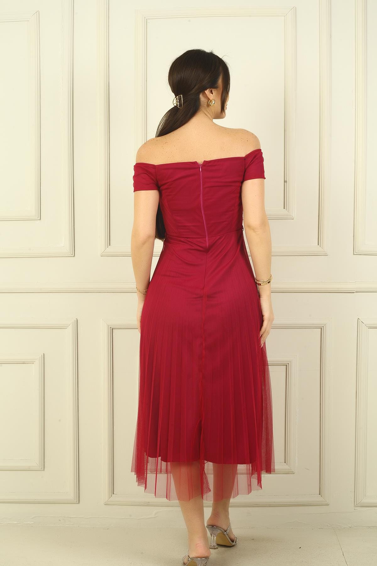 S-22K0130029Madonna Yaka Astarlı Eteği Şifon Pilisoley Elbise