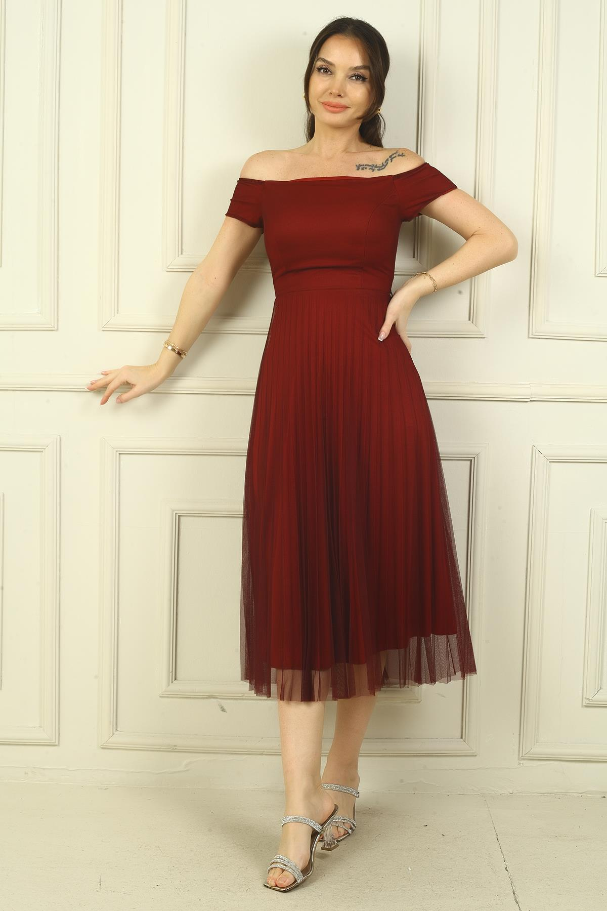 S-22K0130029Madonna Yaka Astarlı Eteği Şifon Pilisoley Elbise