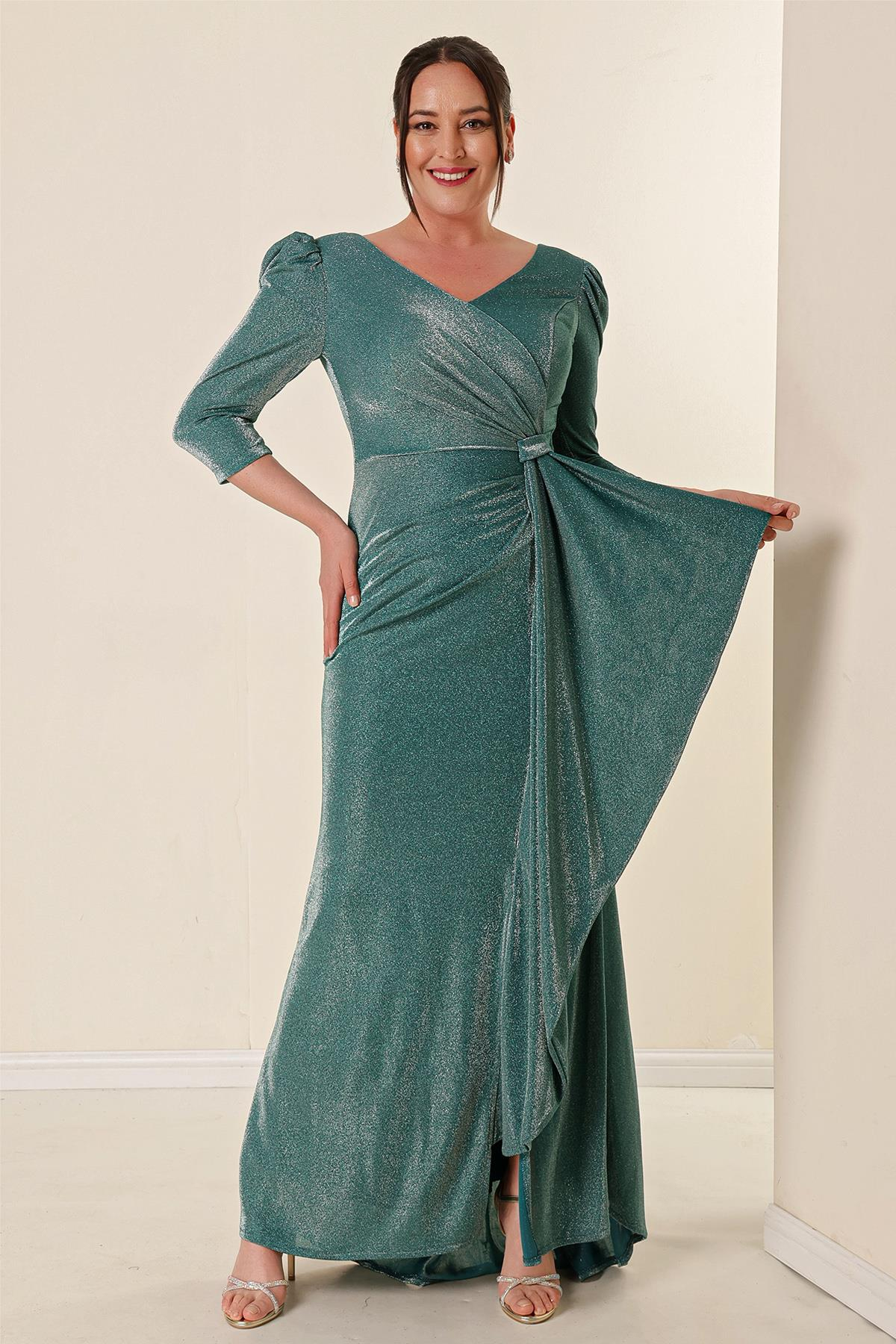 S-22K0230022Silvery-Coated Front Volanlli Large Size Dress