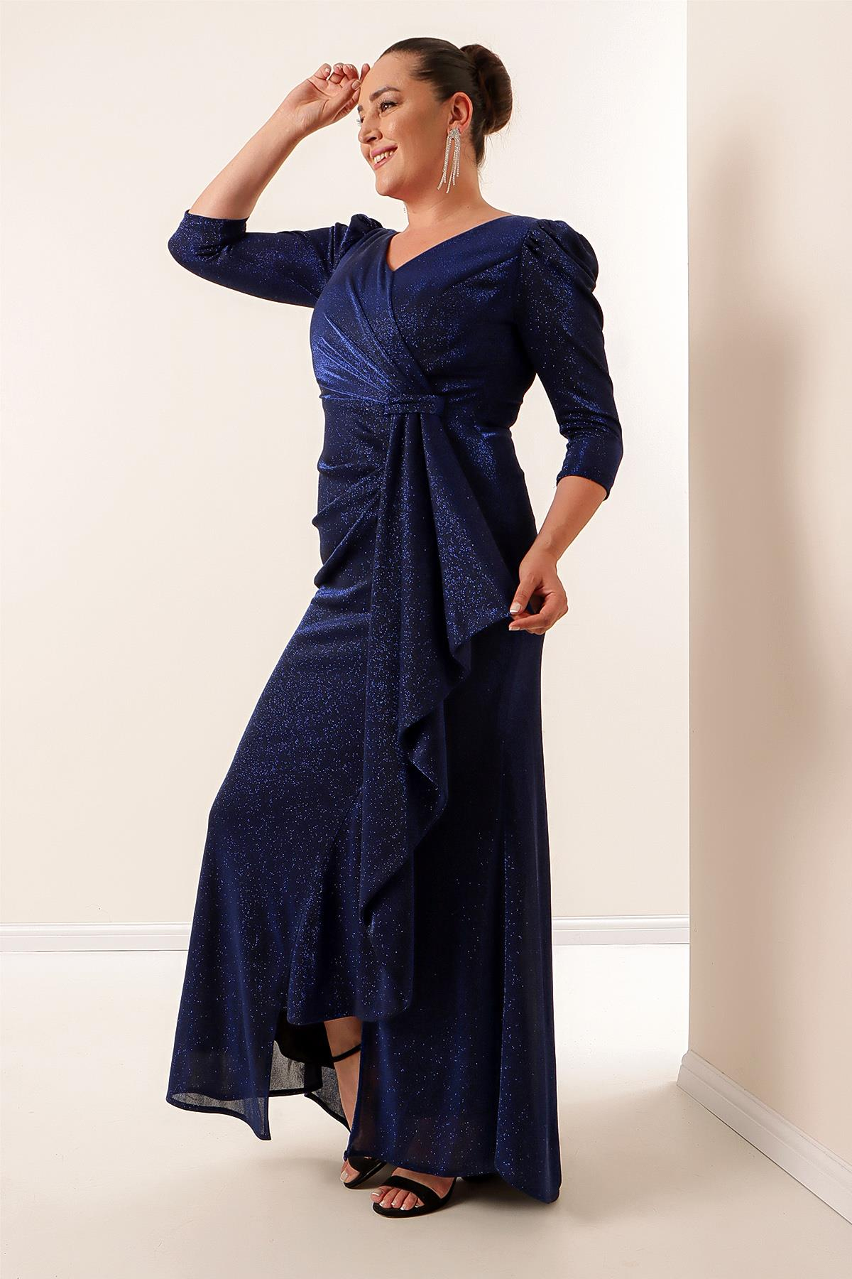 S-22K0230022Önü Volanllı Astarlı Simli Büyük Beden Elbise