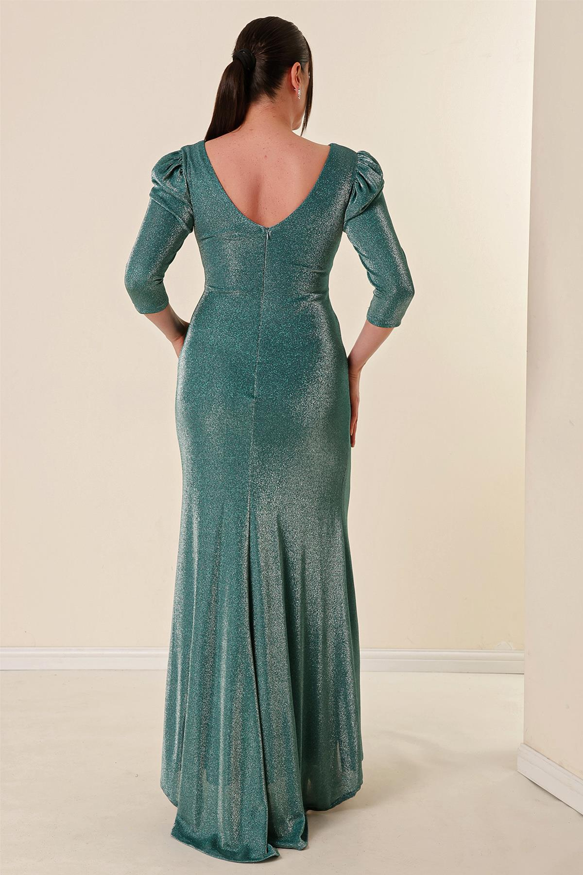 S-22K0230022Silvery-Coated Front Volanlli Large Size Dress