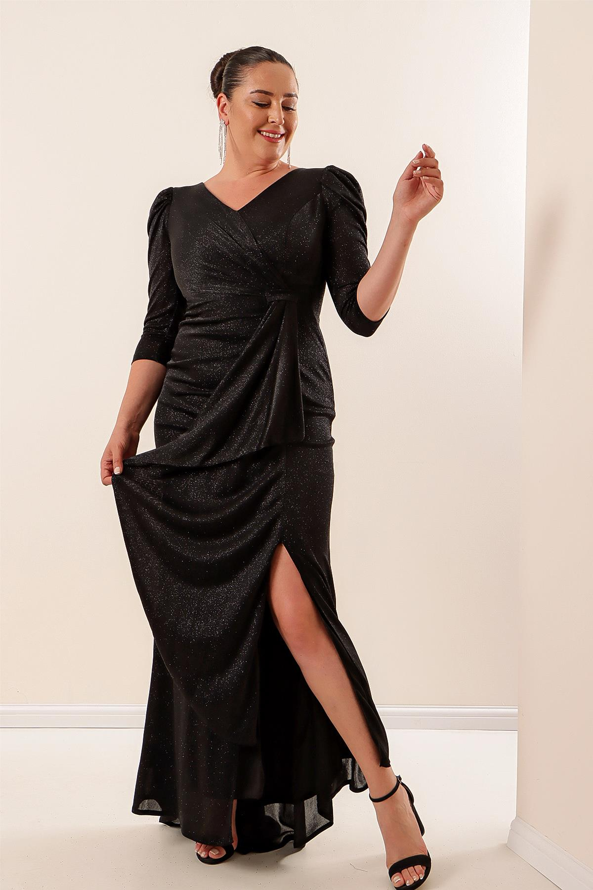 S-22K0230022Silvery-Coated Front Volanlli Large Size Dress