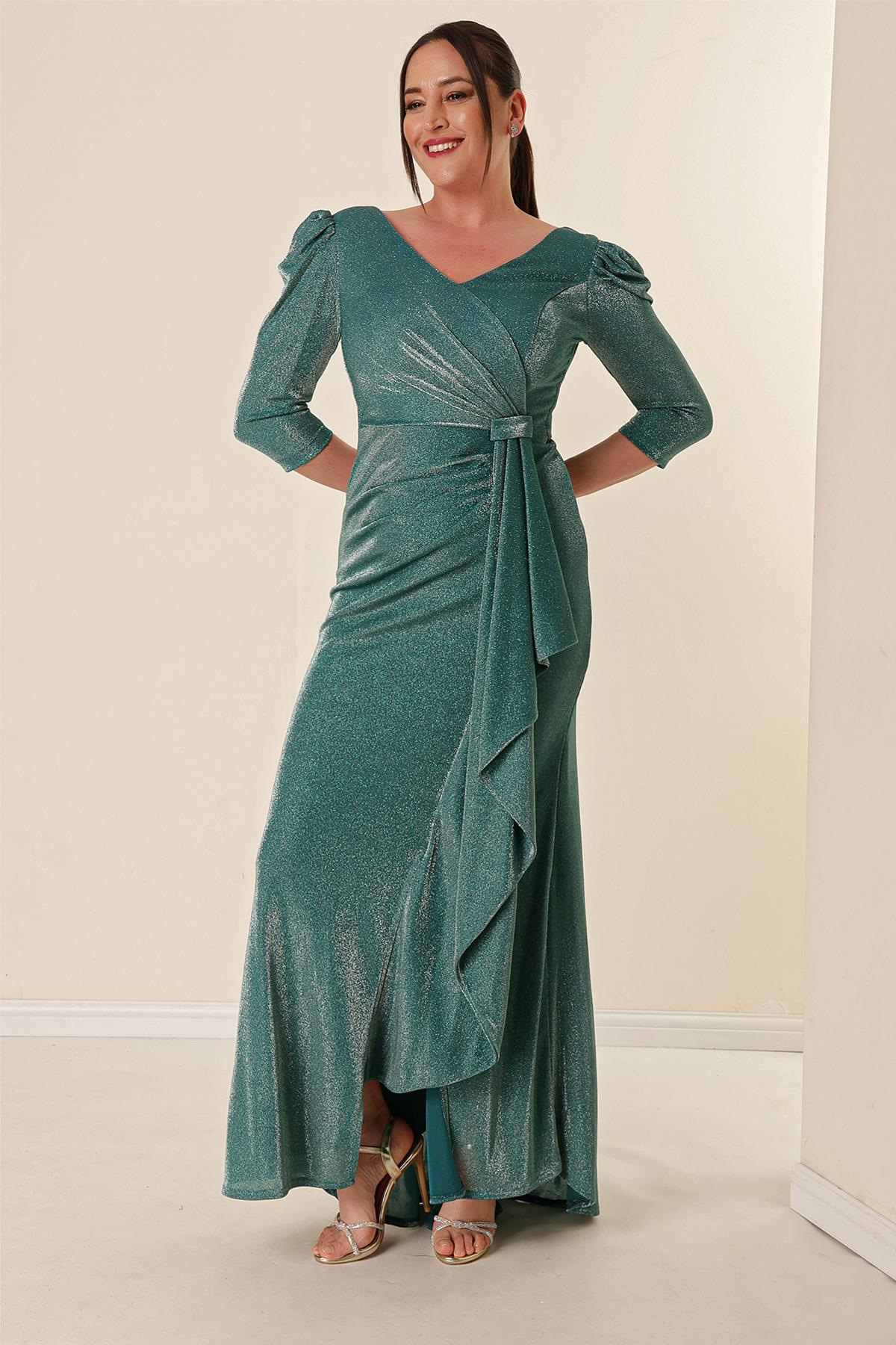 S-22K0230022Silvery-Coated Front Volanlli Large Size Dress