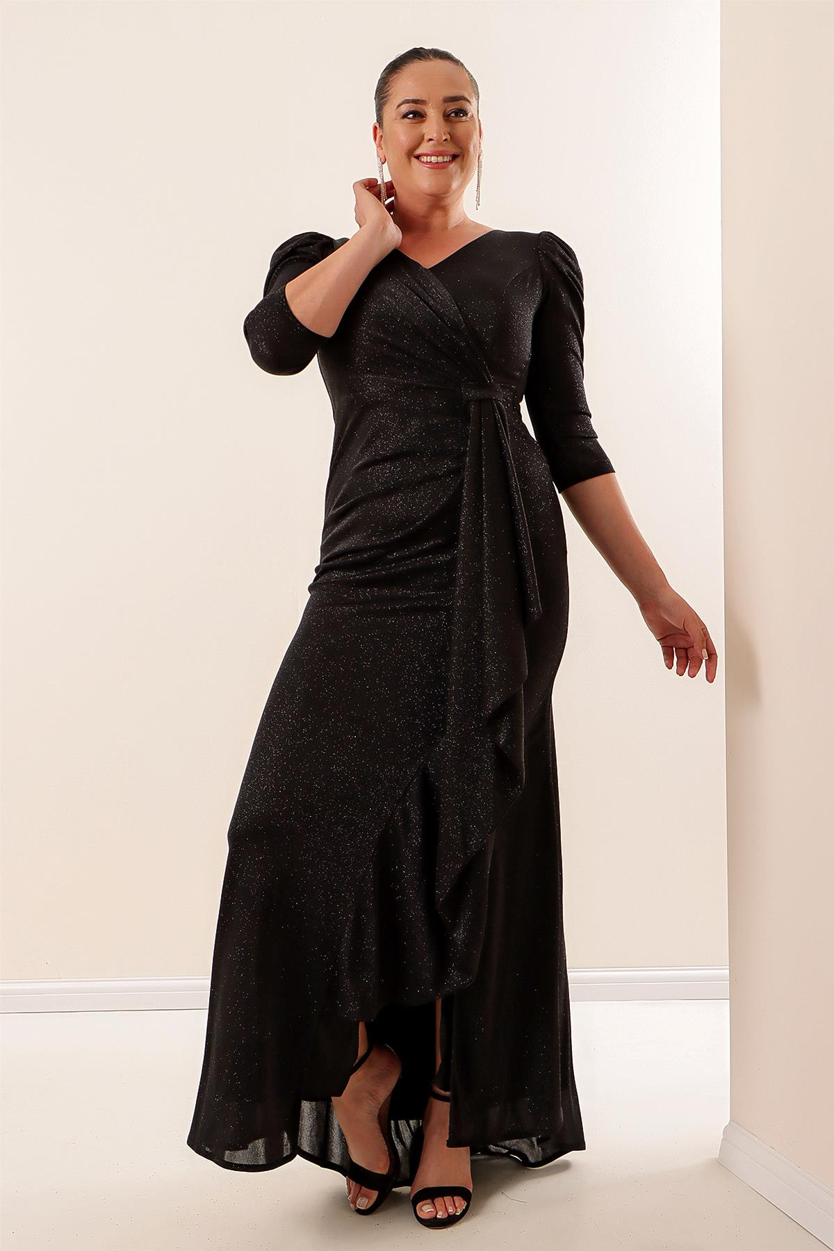 S-22K0230022Silvery-Coated Front Volanlli Large Size Dress