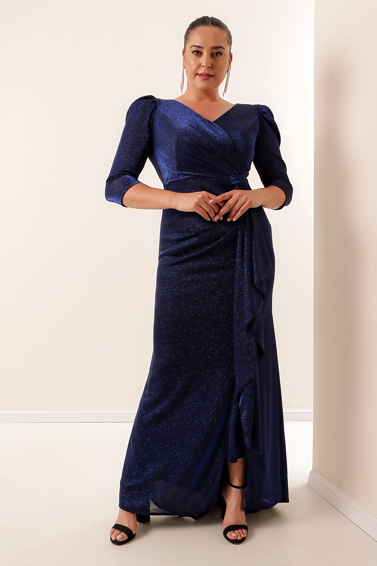 S-22K0230022Önü Volanllı Astarlı Simli Büyük Beden Elbise