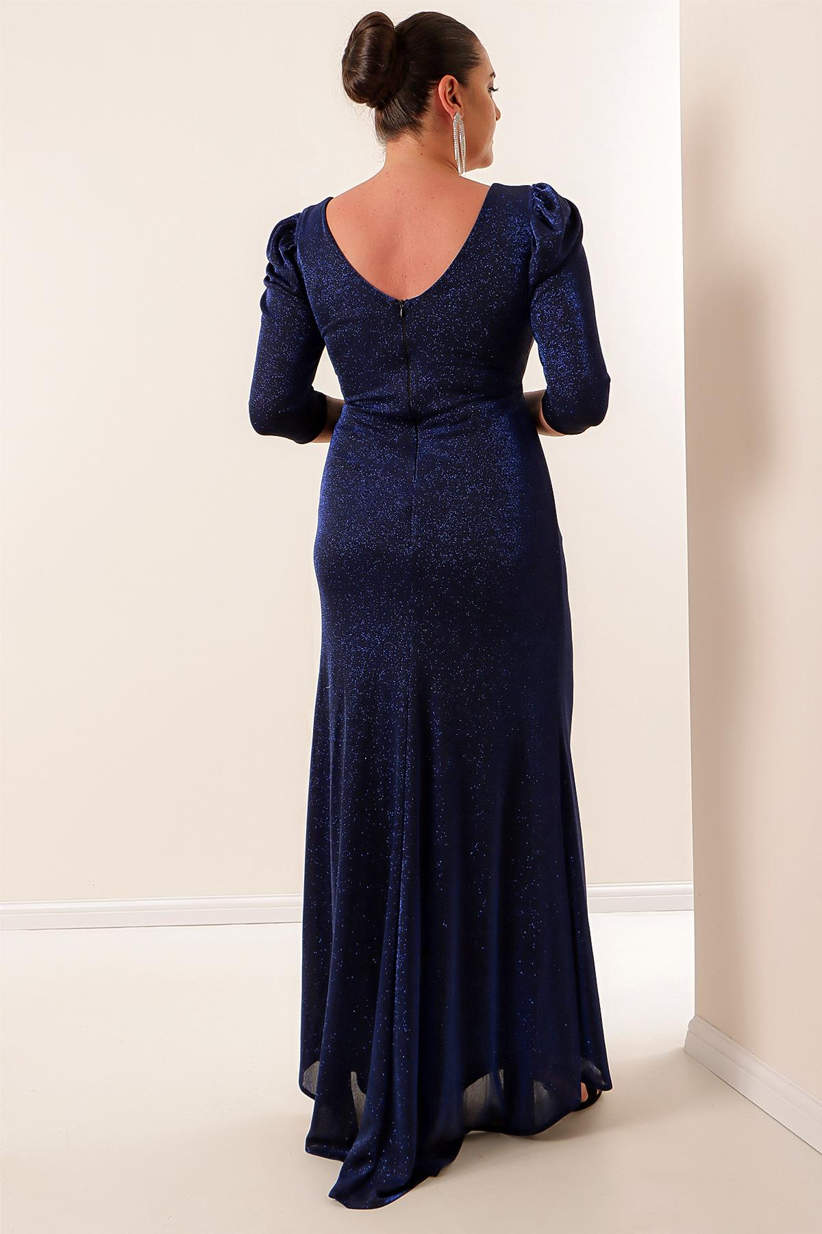 S-22K0230022Önü Volanllı Astarlı Simli Büyük Beden Elbise