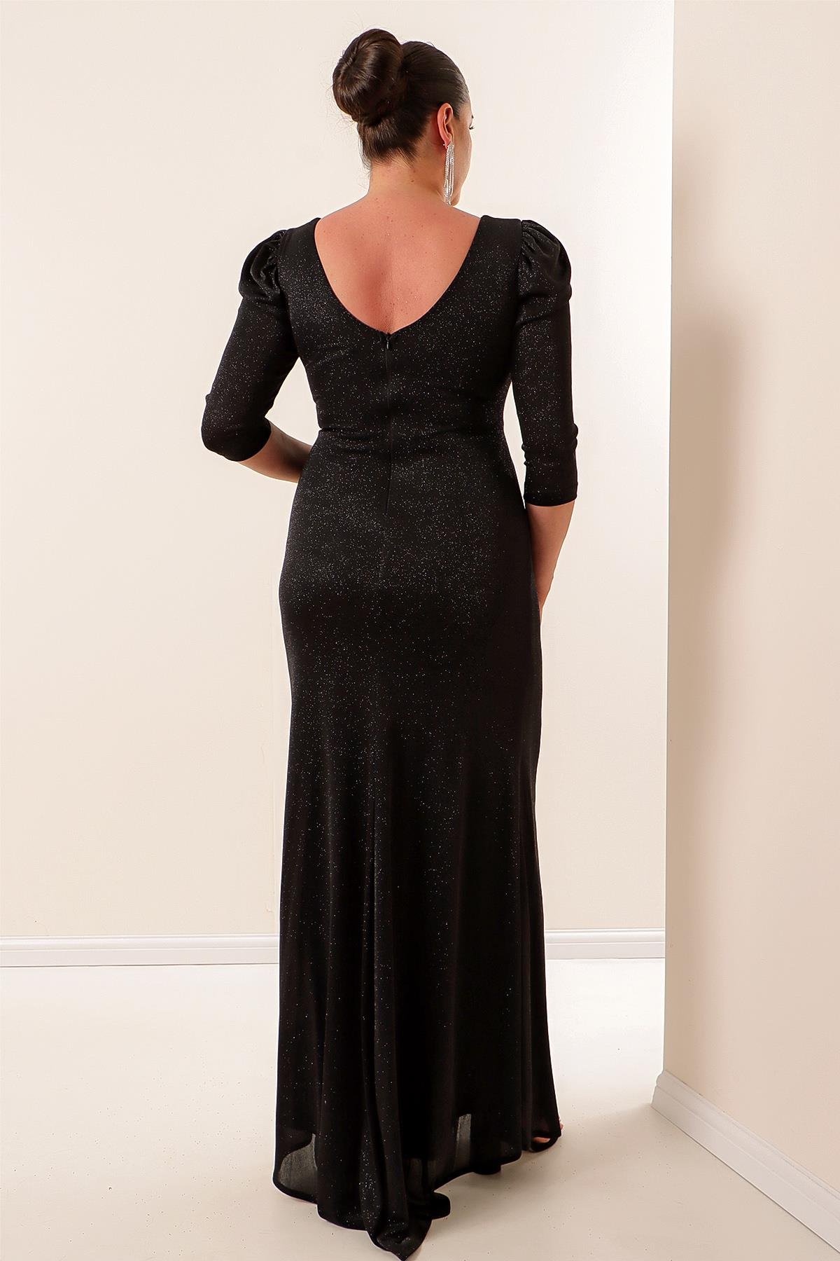 S-22K0230022Silvery-Coated Front Volanlli Large Size Dress