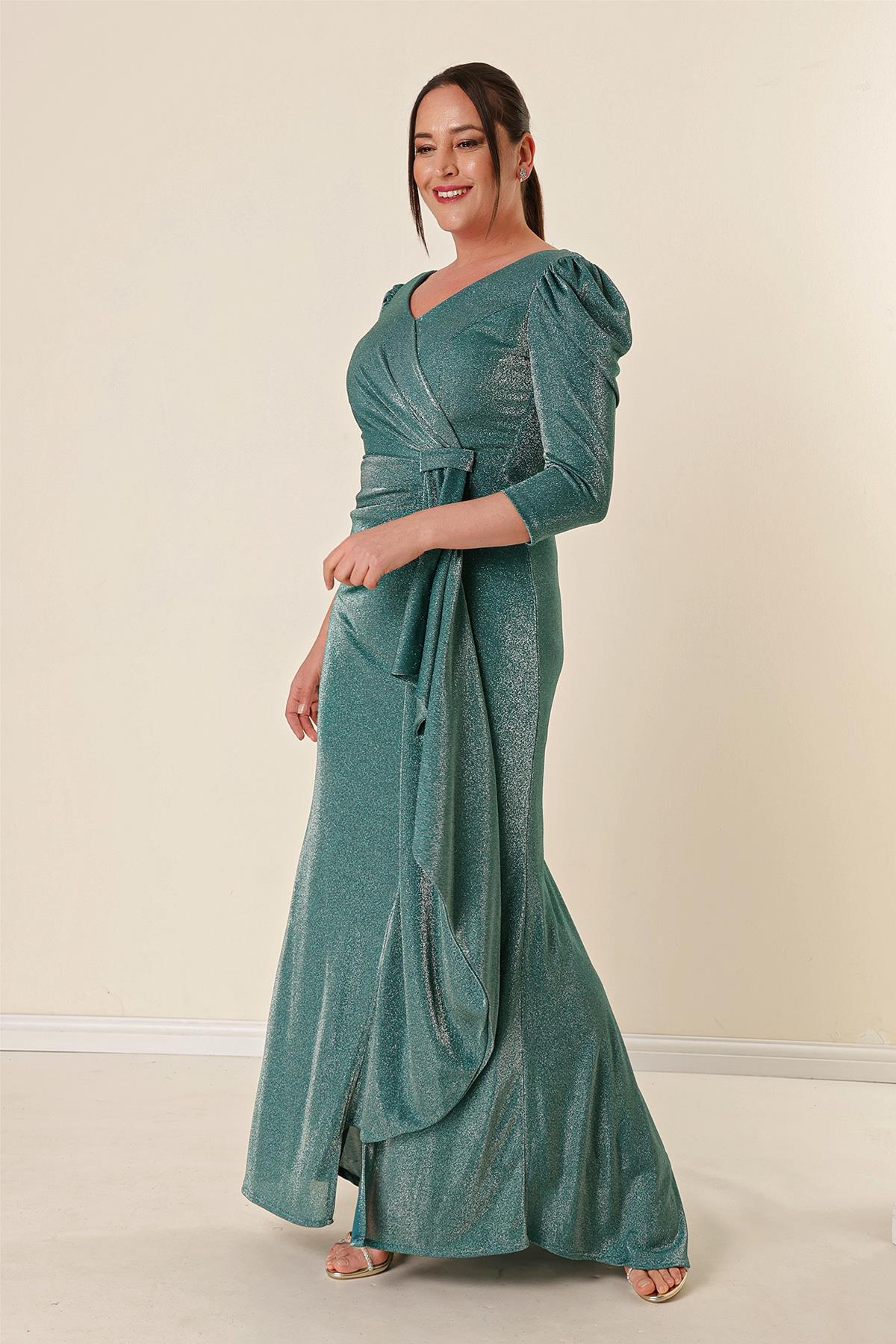 S-22K0230022Silvery-Coated Front Volanlli Large Size Dress