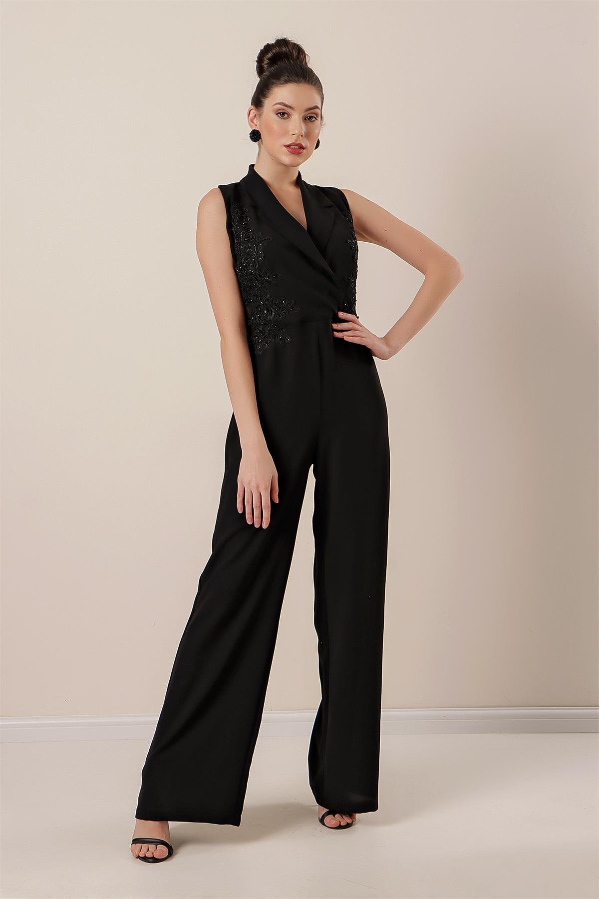 S-22K0230034Kruvaze Yaka Boncuk Ve Nakış İşlemeli Tulum