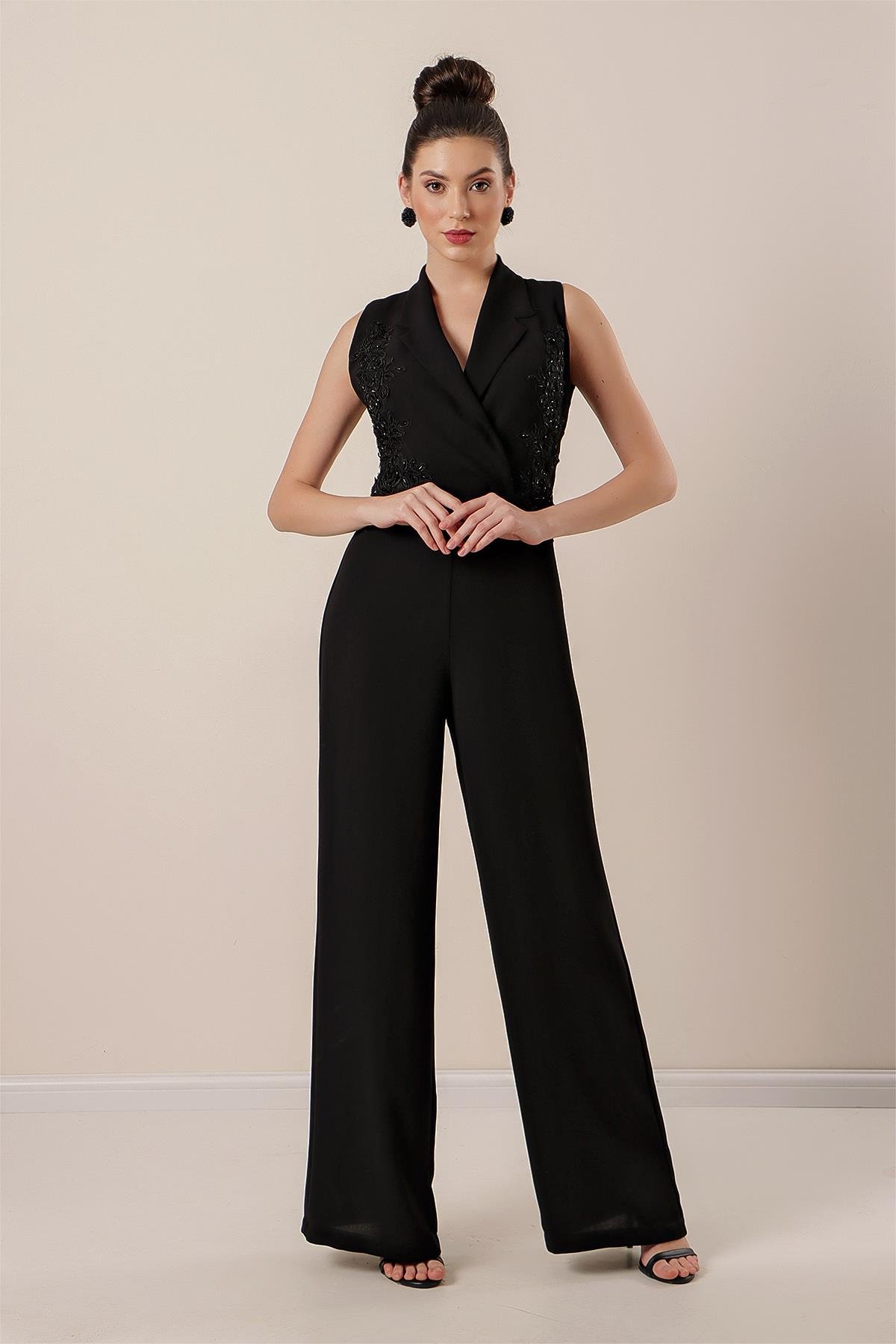 S-22K0230034Kruvaze Yaka Boncuk Ve Nakış İşlemeli Tulum