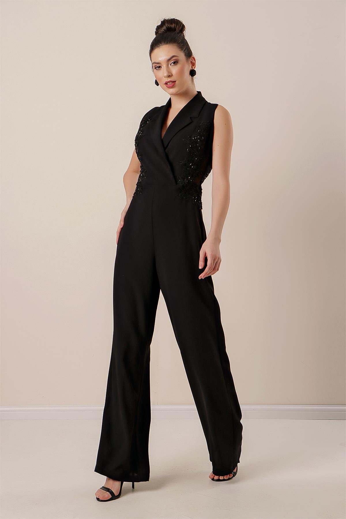 S-22K0230034Kruvaze Yaka Boncuk Ve Nakış İşlemeli Tulum