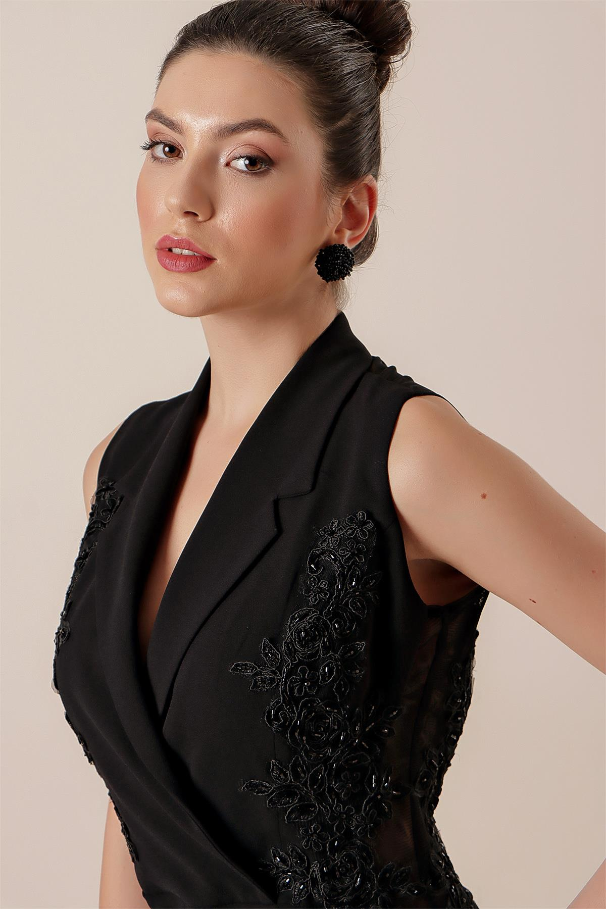 S-22K0230034Kruvaze Yaka Boncuk Ve Nakış İşlemeli Tulum