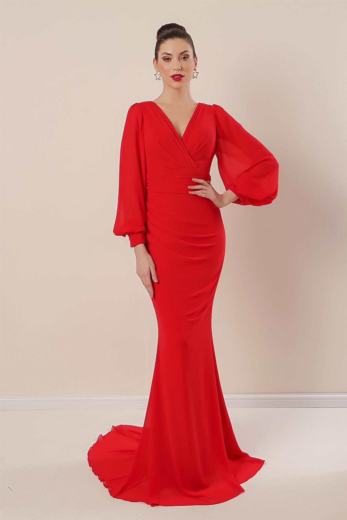 S-22K0230037Kruvaze Yaka Önü Büzgülü Astarlı Uzun Şifon Elbise