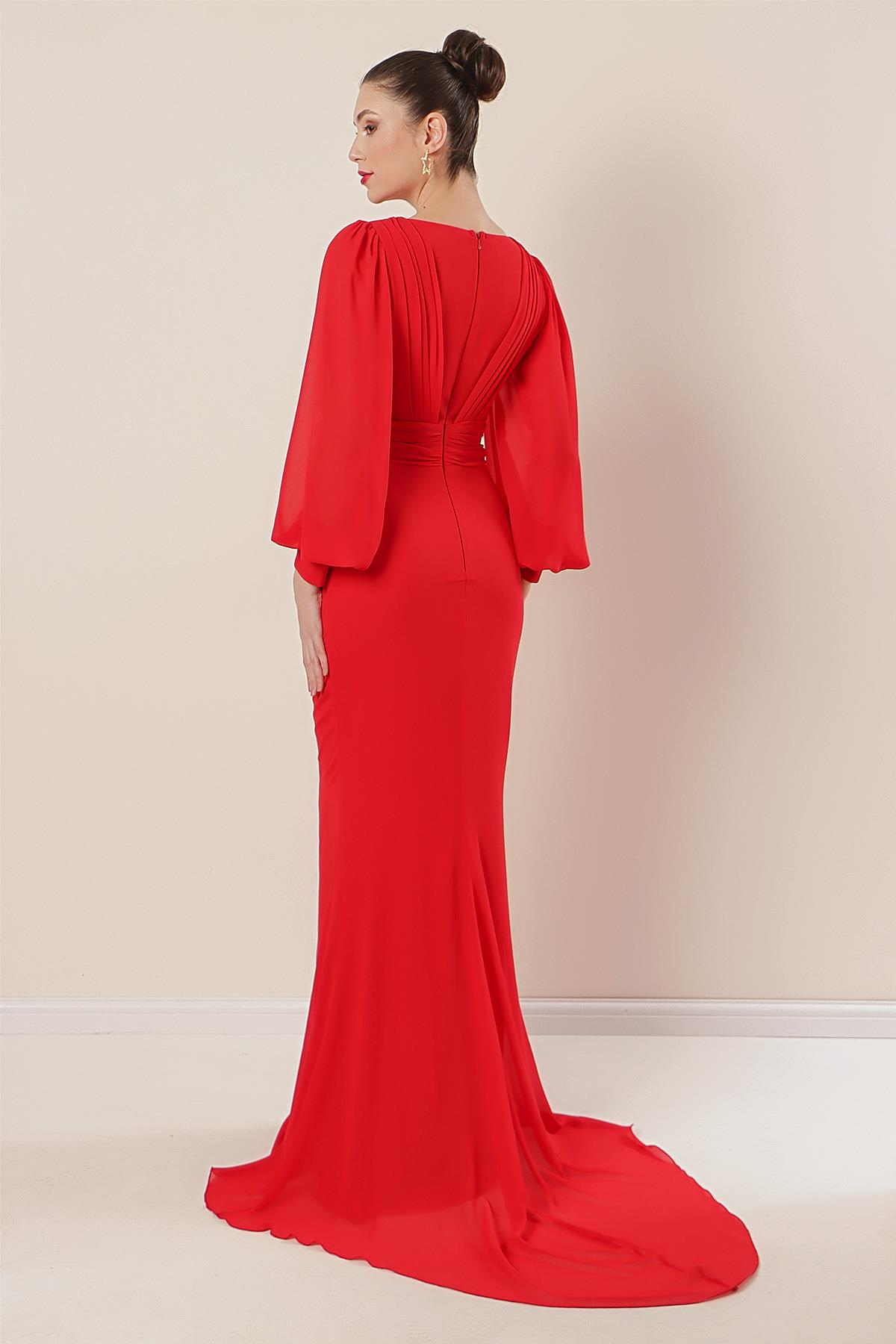 S-22K0230037Kruvaze Yaka Önü Büzgülü Astarlı Uzun Şifon Elbise