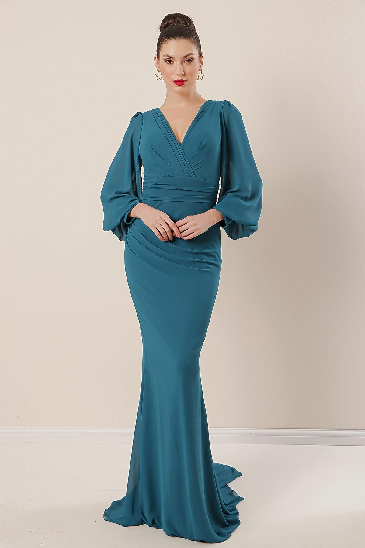 S-22K0230037Kruvaze Yaka Önü Büzgülü Astarlı Uzun Şifon Elbise