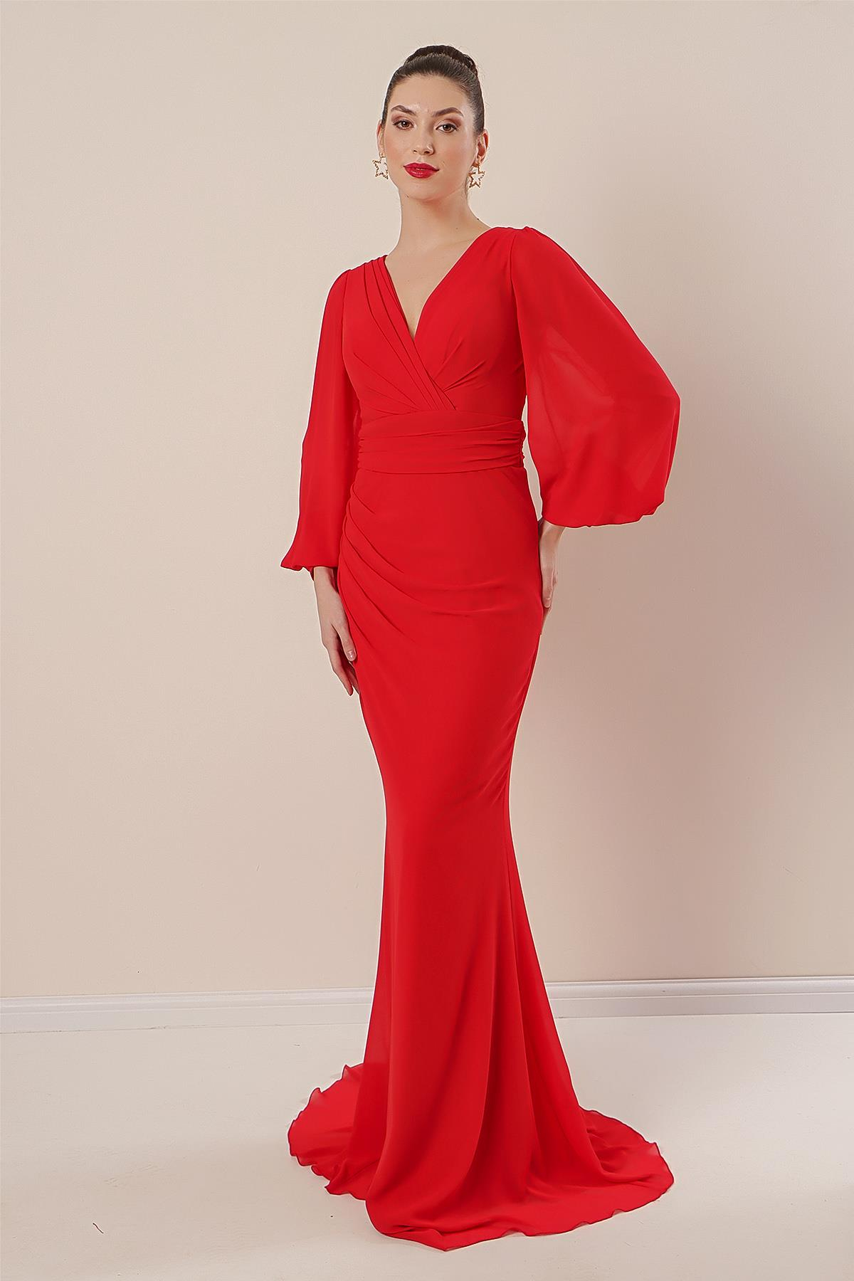 S-22K0230037Kruvaze Yaka Önü Büzgülü Astarlı Uzun Şifon Elbise