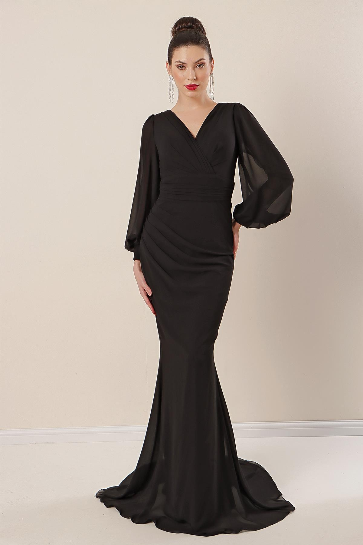 S-22K0230037Crossover Neckline, Ruched Front, Lined Long Chiffon Dress