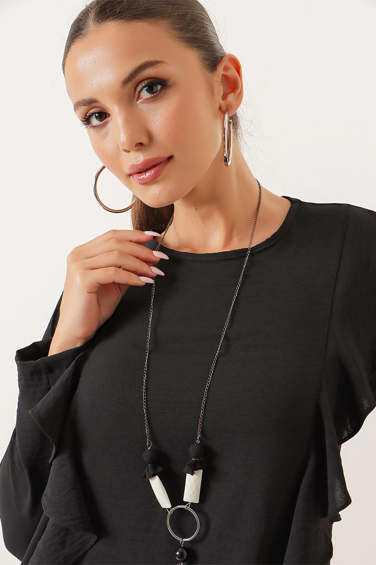 S-22K0250001Kolyeli Fırfırlı Uzun Kollu Ayrobin Elbise