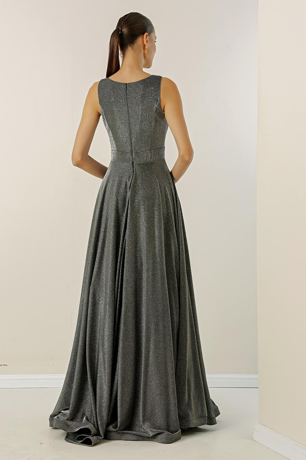 S-22K0490012V-Neck Dreamy Tulle Glittery Lined Evening Dress